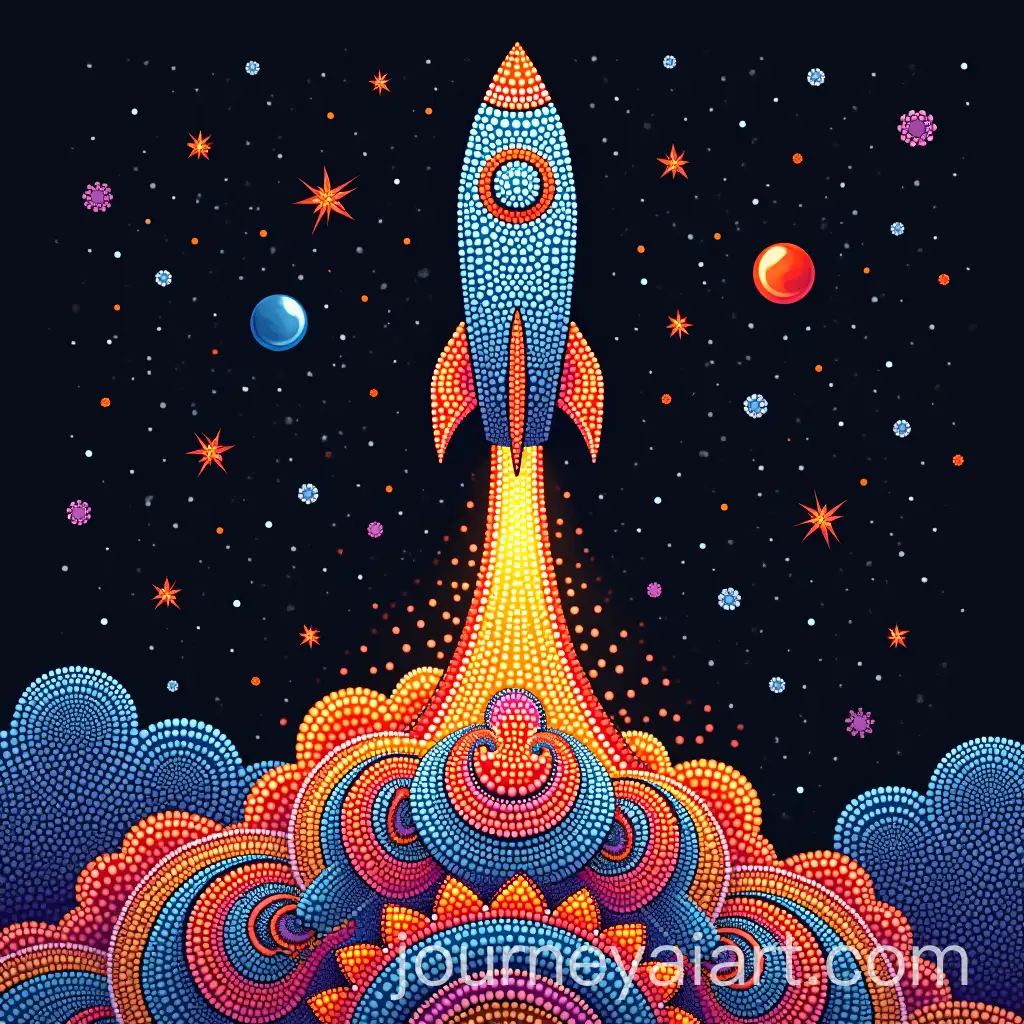 Vibrant-Mandala-Dot-Art-Featuring-a-Rocket-Launch-into-Space
