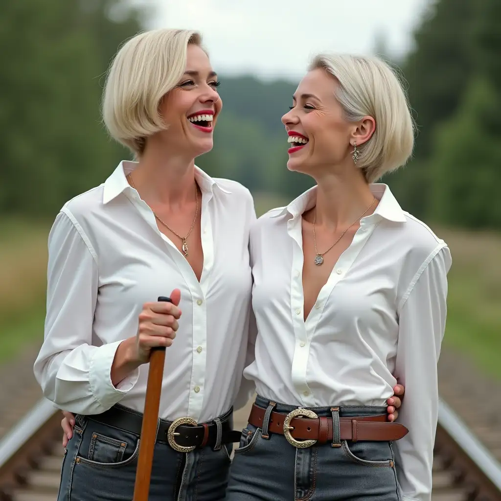 two white norvegian lady, in white deep-necked guide  shirt, laughing with her mouth open, red lipstick accentuating her smile,belt on waist, big wide hips, chest are fully grown, jewerly, short hair, HD, white skin, enjoying on rails, holding a long riding crop, photo-realism