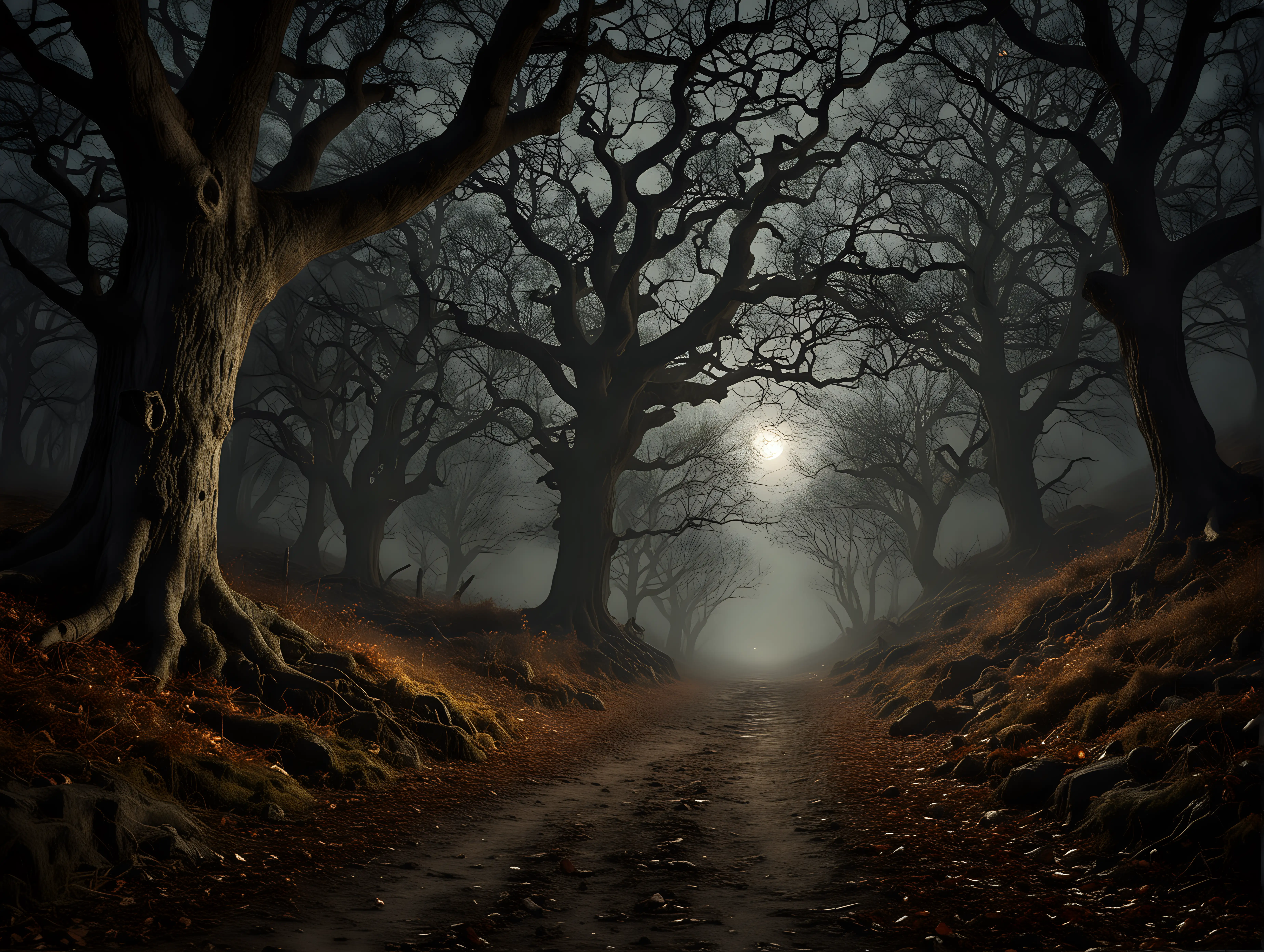 scarry forest dark large oak tree autumn moonlit night dirt path hill and valley fantasy