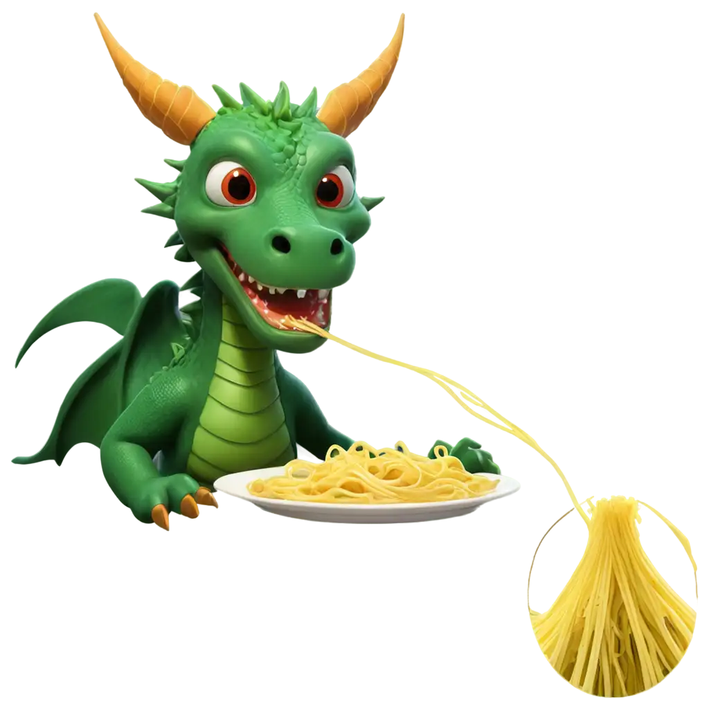 Create an image of a dragon eating spaghetti