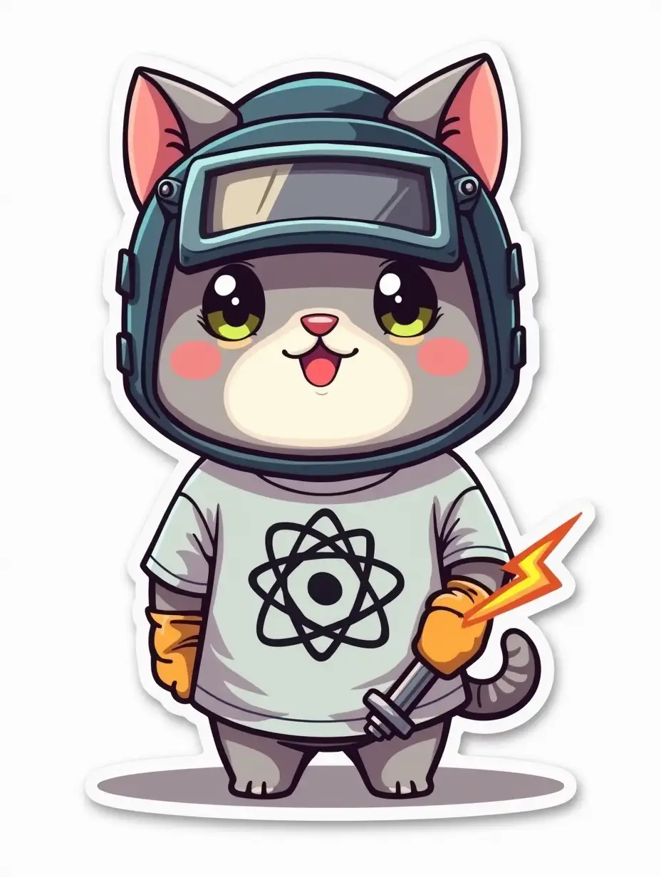 kawaii positive little happy light gray cat in protective helmet, wearing a welding mask and gloves with an atom symbol on t-shirt, connects stainless steel metal using manual arc welding. die cut sticker design top-view, high resolution, vector art, white background, paint in anime style