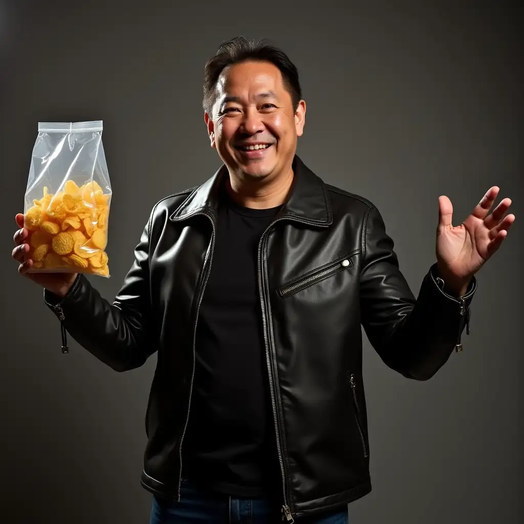 Jensen Huang in leather jacket with outstretched arm holding a bag of potato chips