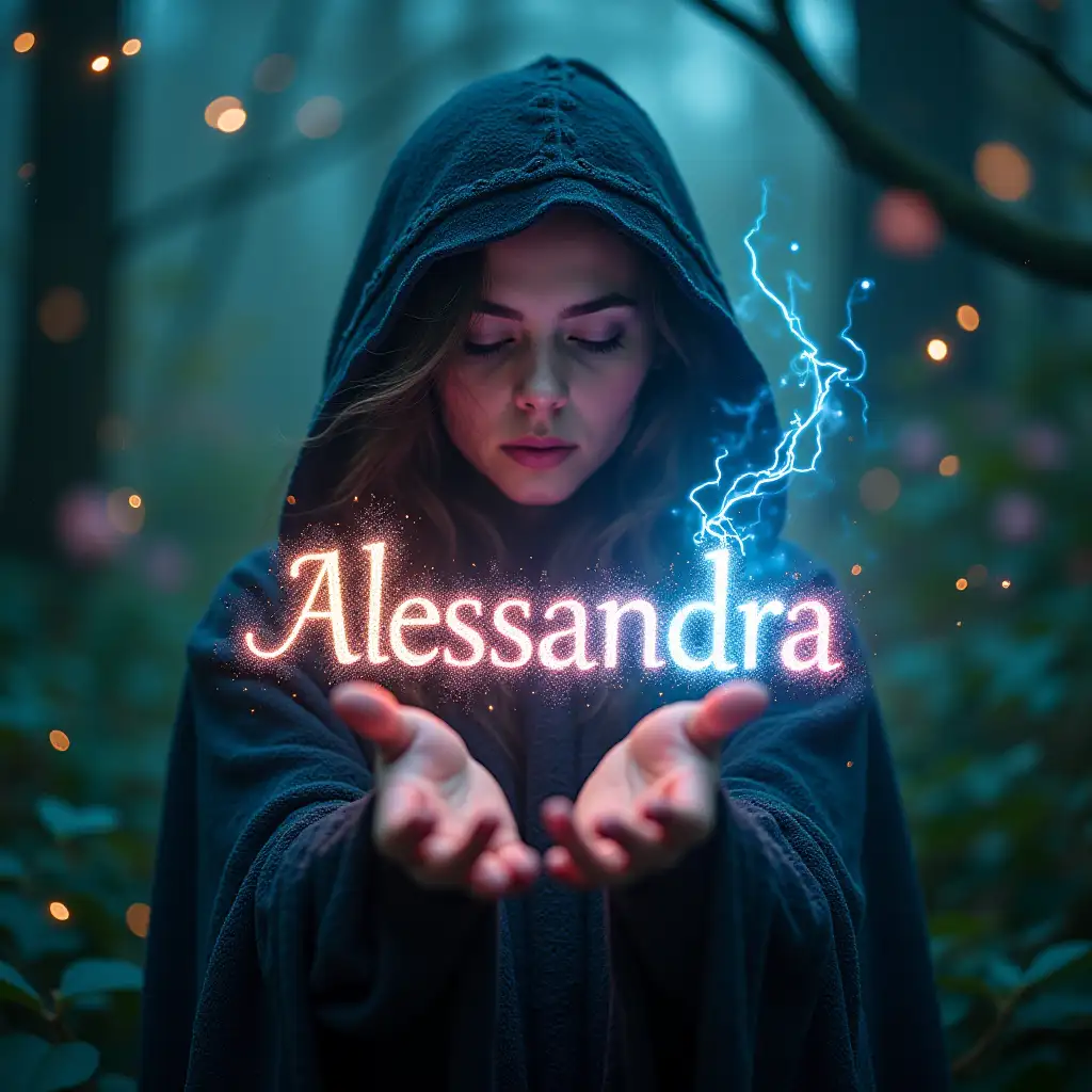 fantasy, surreal, high definition, a young sorceress is intent on experimenting with new magic, she writes the luminous text (glitter) 'Alessandra' between her two hands, forging the text with electric energy and luminescent multicolored plasma, in a magical, surreal atmosphere of vegetation and various magical effects