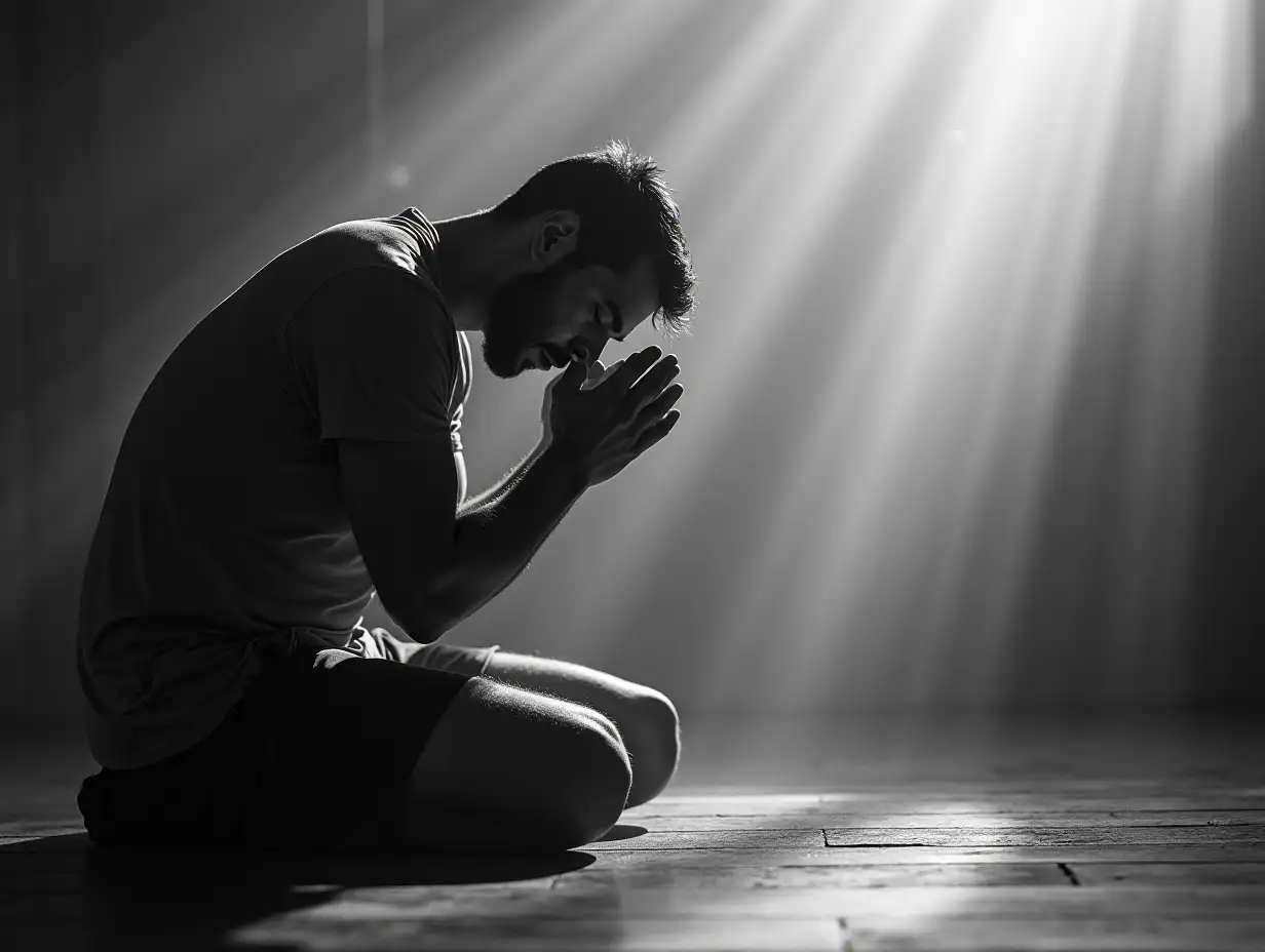 Generate a black and white image of a man on his knees fervently praying to the point of tears