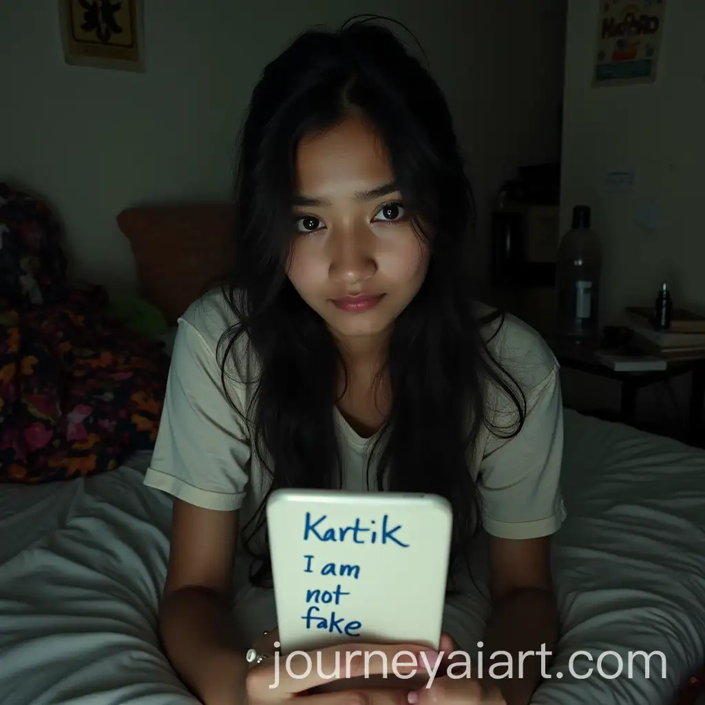 Young-Indian-Woman-Taking-a-Selfie-in-Dimly-Lit-Bedroom-with-Handwritten-Note