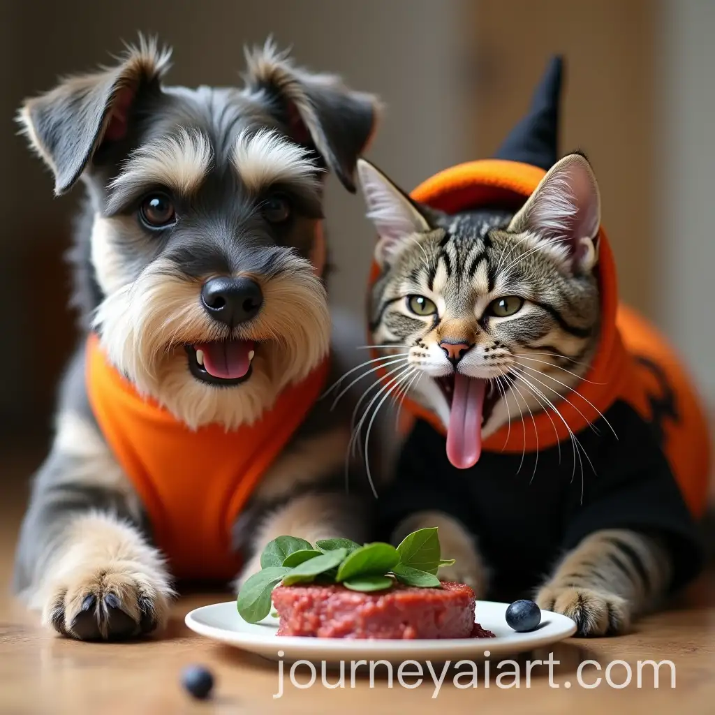 Schnauzer-and-Happy-Cat-Enjoying-Halloween-Feast