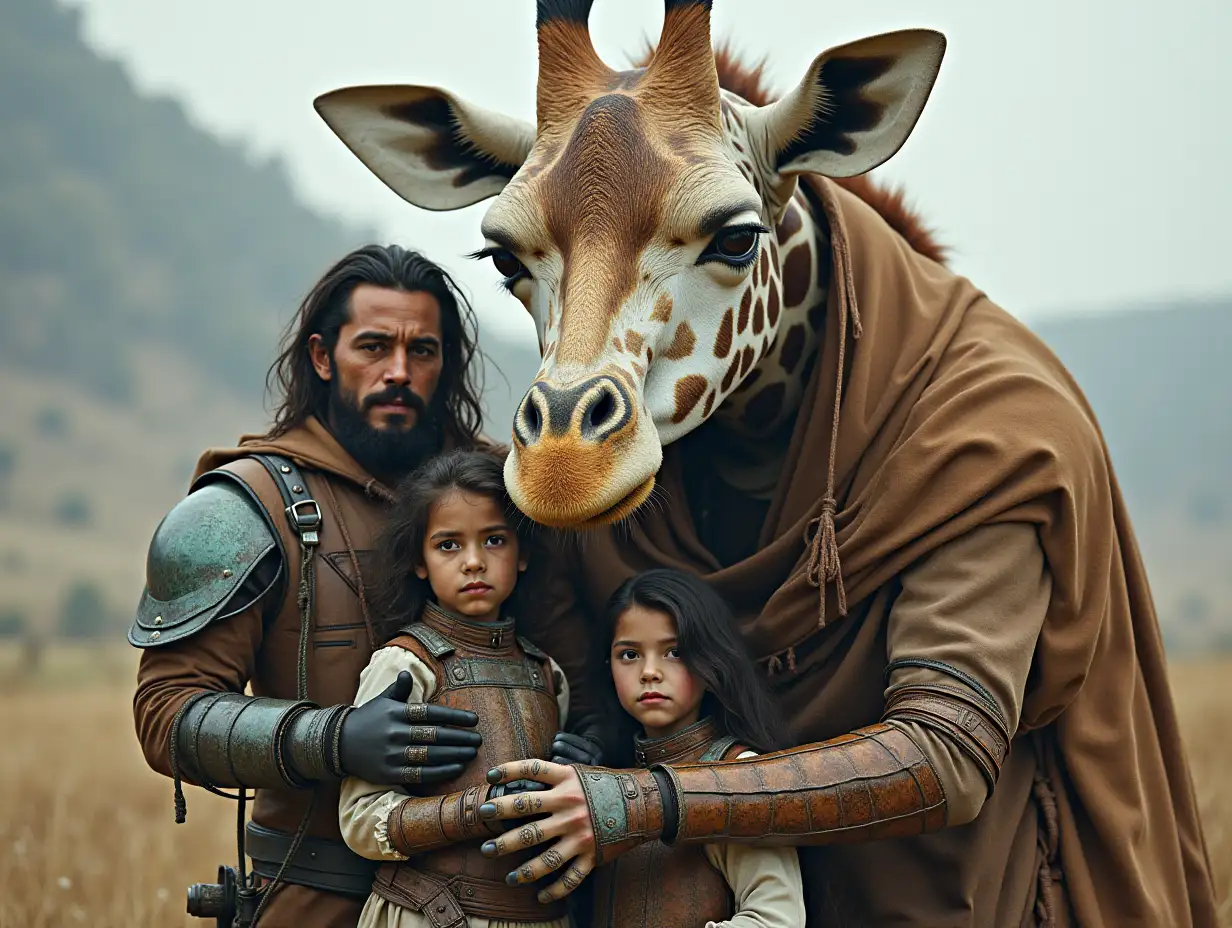 Ki-Fantasy-Family,Man,Woman, and Children, huge Giraffe face and with Glass and Metal armor equipment