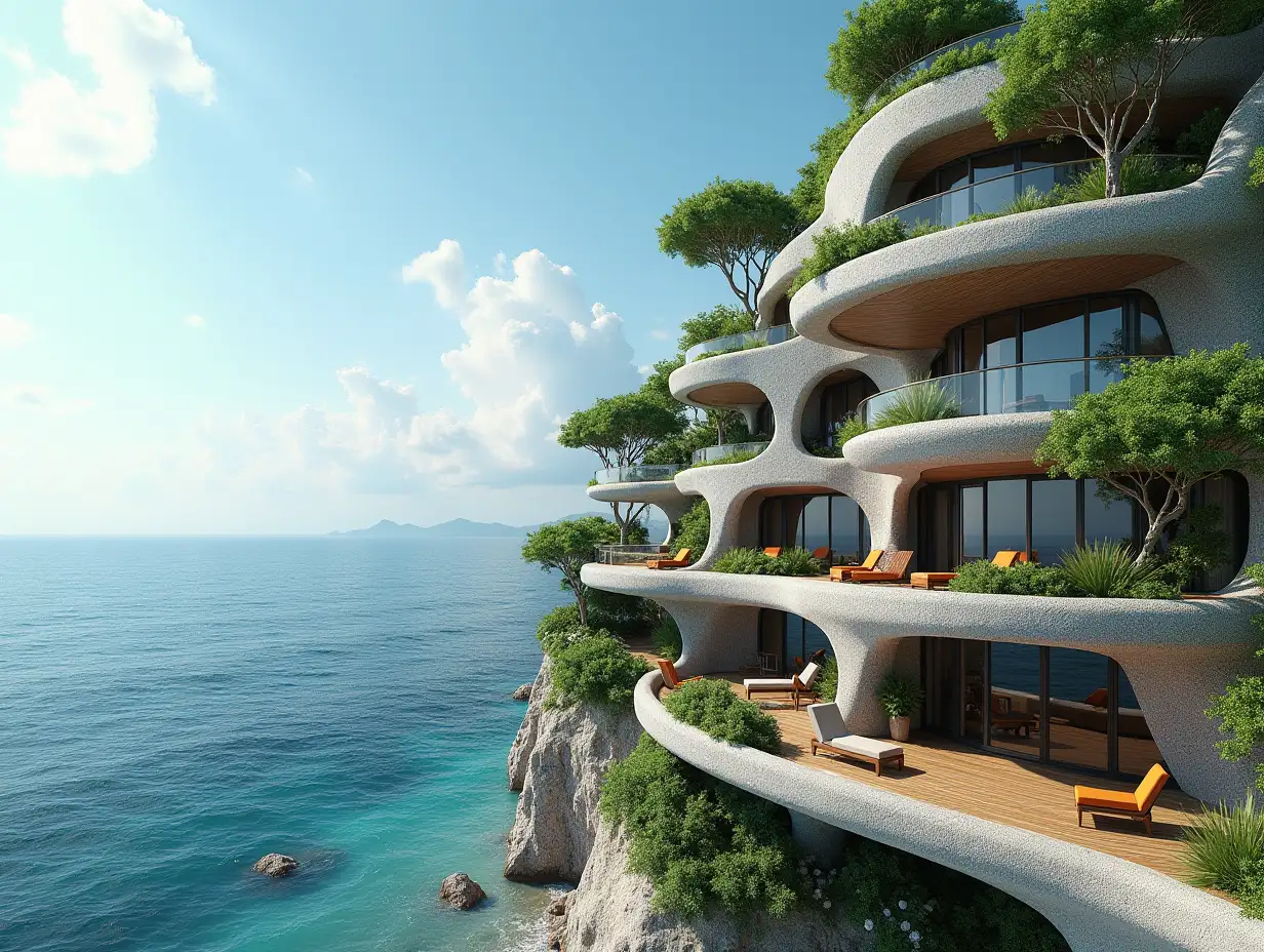 Create a high-resolution, realistic panorama image of a multi-level futuristic terrace building leading to the sea with snail-shell windows and many plants, with grey and brown facades with large seaside trees, blue sky