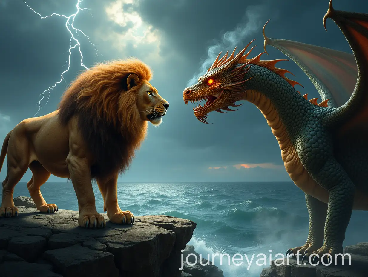 Majestic-Lion-and-Fierce-Dragon-Confrontation-on-a-Rugged-Cliff
