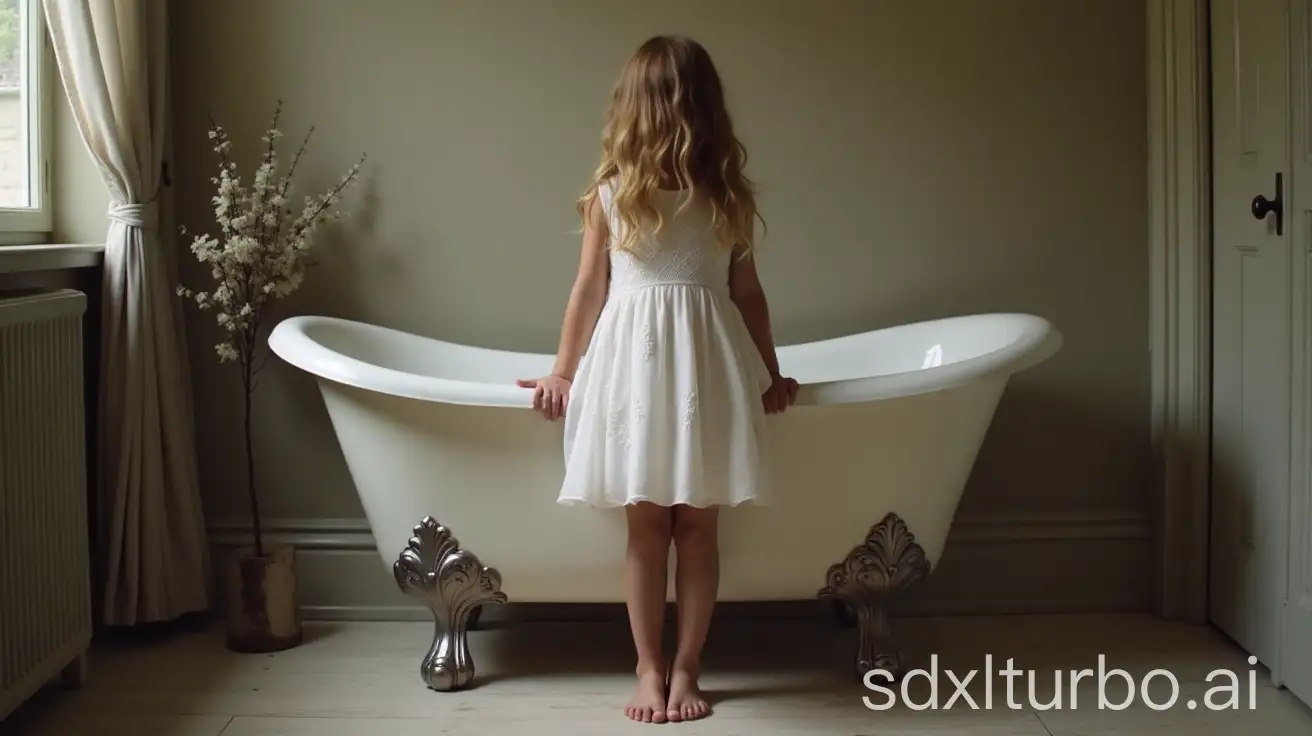 Girl standing plain body victorian era bathtub