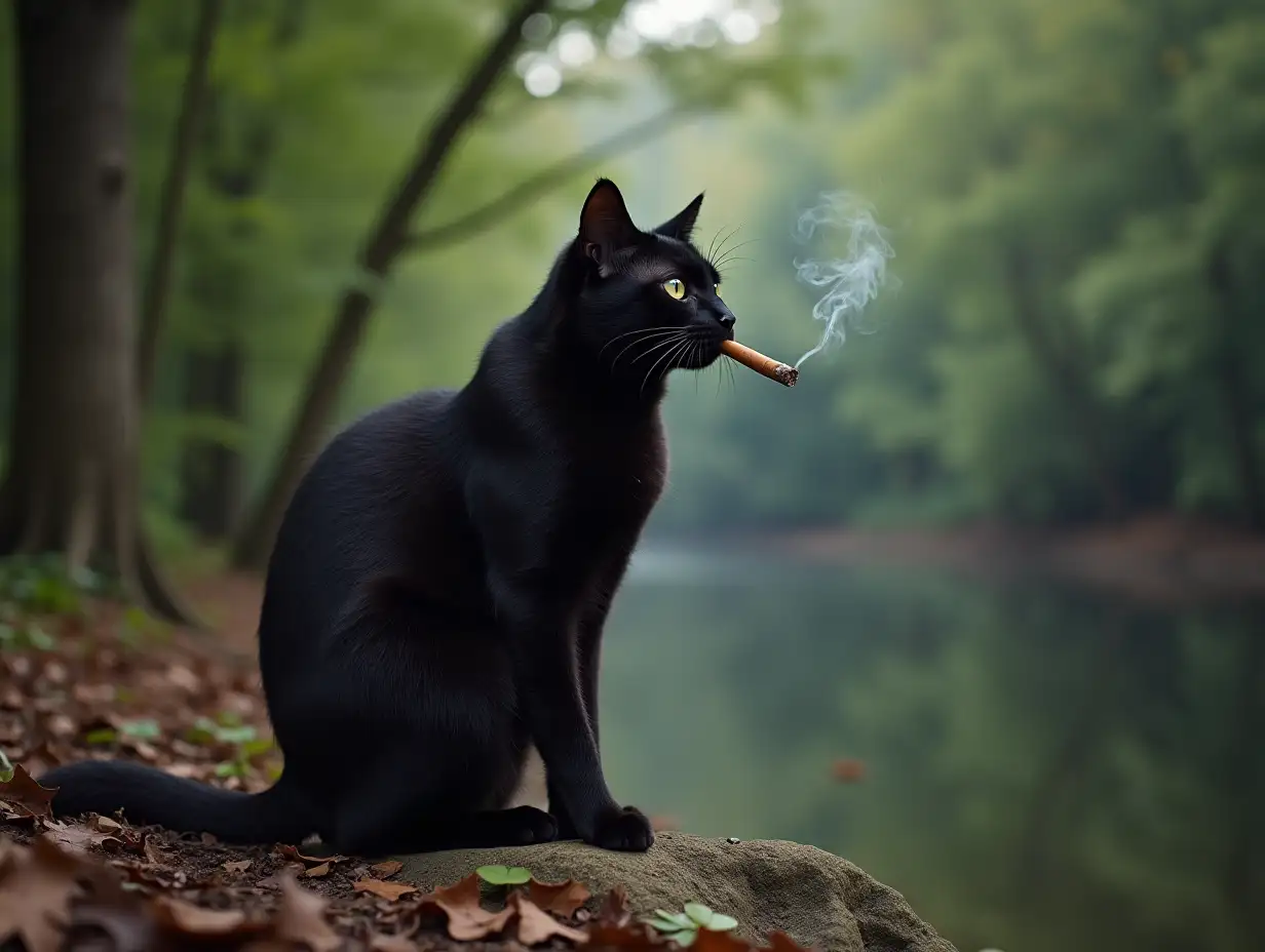 on the background of the forest on the river bank, sits a black cat and smokes a cigar