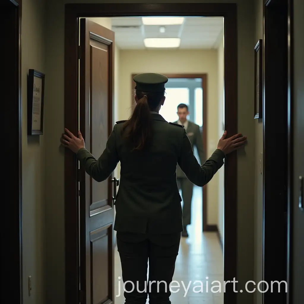 Female-Army-Assistant-Entering-Commanders-Office-Through-Gate