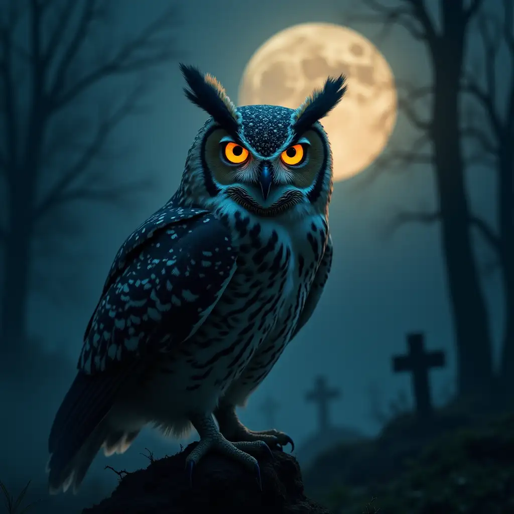 Dark, spooky looking owl with moon and cemetery in background and an eerie blue and gold fog