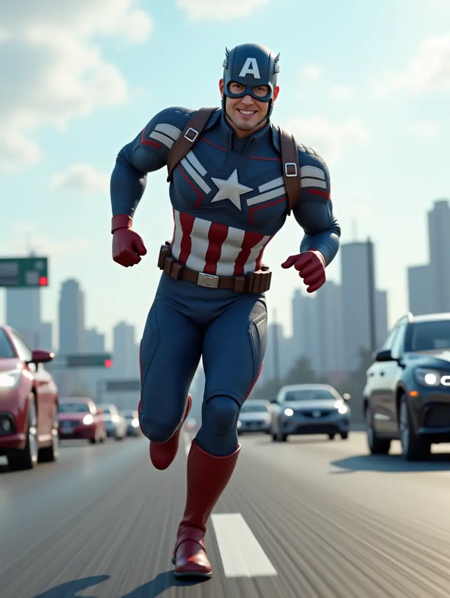 A highly detailed 3D-rendered image of Captain America sprinting down a highway in a modern city. He wears his classic blue suit with a white star on his chest, red and white stripes, red gloves, and boots. His face shows determination, with a slight smile as he runs forward. The scene is dynamic, with motion blur on the background cars and road markings to emphasize speed. The city skyline in the distance consists of tall buildings under a bright, partly cloudy sky. The lighting is natural, casting soft shadows and reflections on Captain America's suit, enhancing its realistic textures. The image is rendered in ultra-high 4K resolution with lifelike details in fabric, muscles, and environment for a cinematic effect.