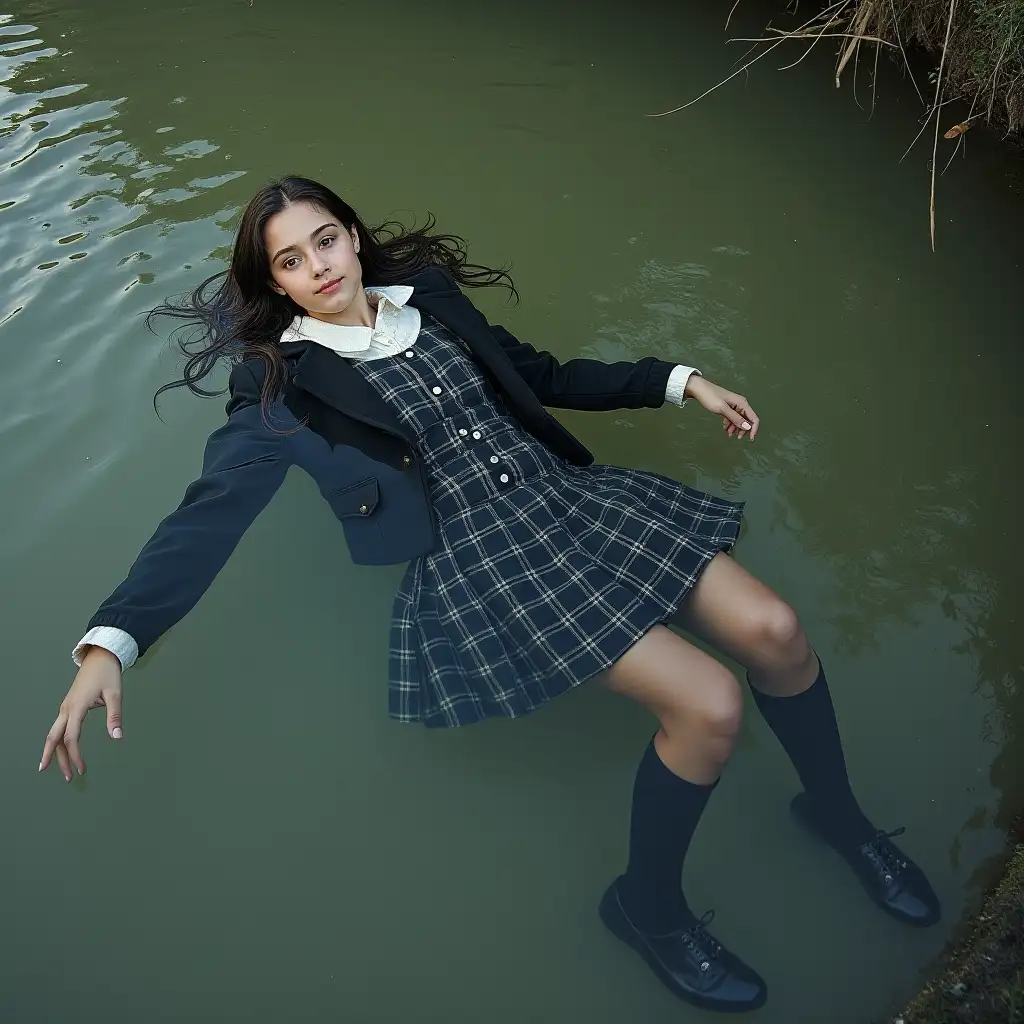 Schoolgirl in a school uniform, in a skirt, jacket, blouse, dark tights, high-heeled shoes. She is swimming in a dirty pond, lying underwater, all her clothes are completely wet, wet clothes stick to her body, the whole body is underwater, submerged in water, under the surface of the water, below the water's edge.