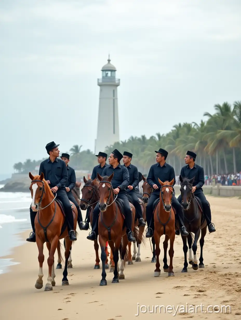 Group-of-Horseback-Riders-on-a-Sandy-Beach-Near-a-Coastal-LighthouseHorseback-riders-on-beach