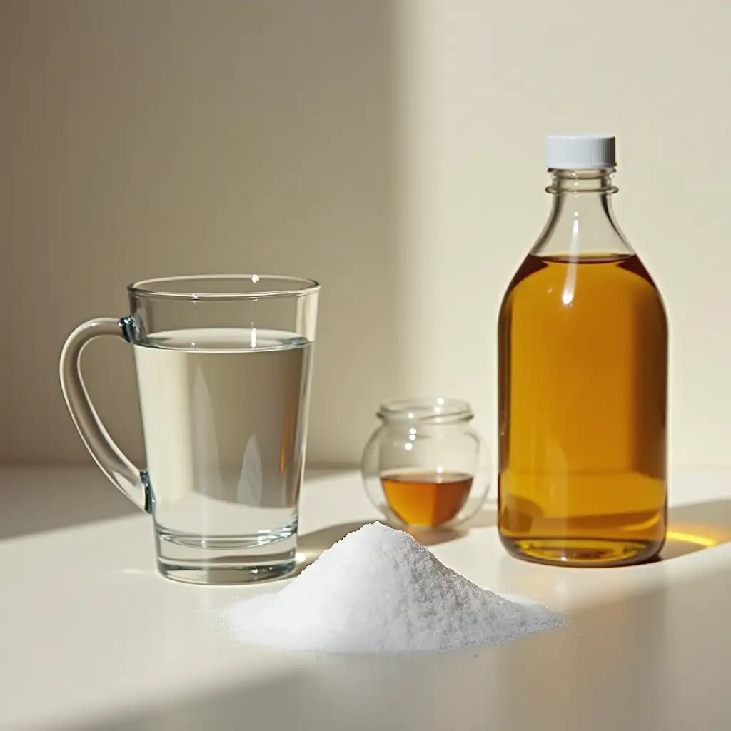 a handful of sugar, water in a glass, syrup in a glass bottle, oil in a plastic bottle on one table