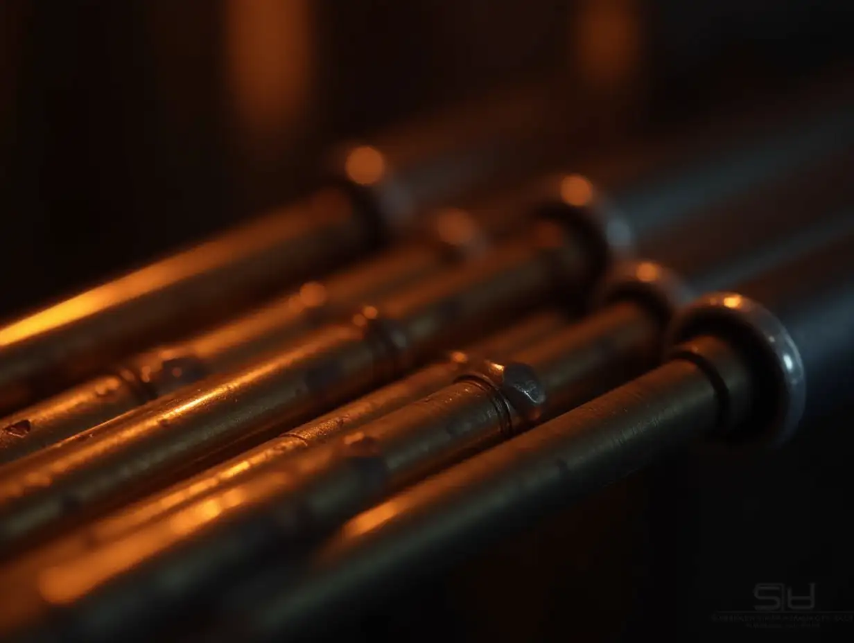 Closeup-of-Shiny-Pipes-with-Wires-and-Orange-Lighting