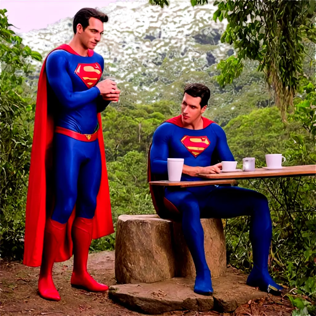 Speederman-and-Superman-Drinking-Coffee-PNG-A-Unique-JungleThemed-Superhero-Moment