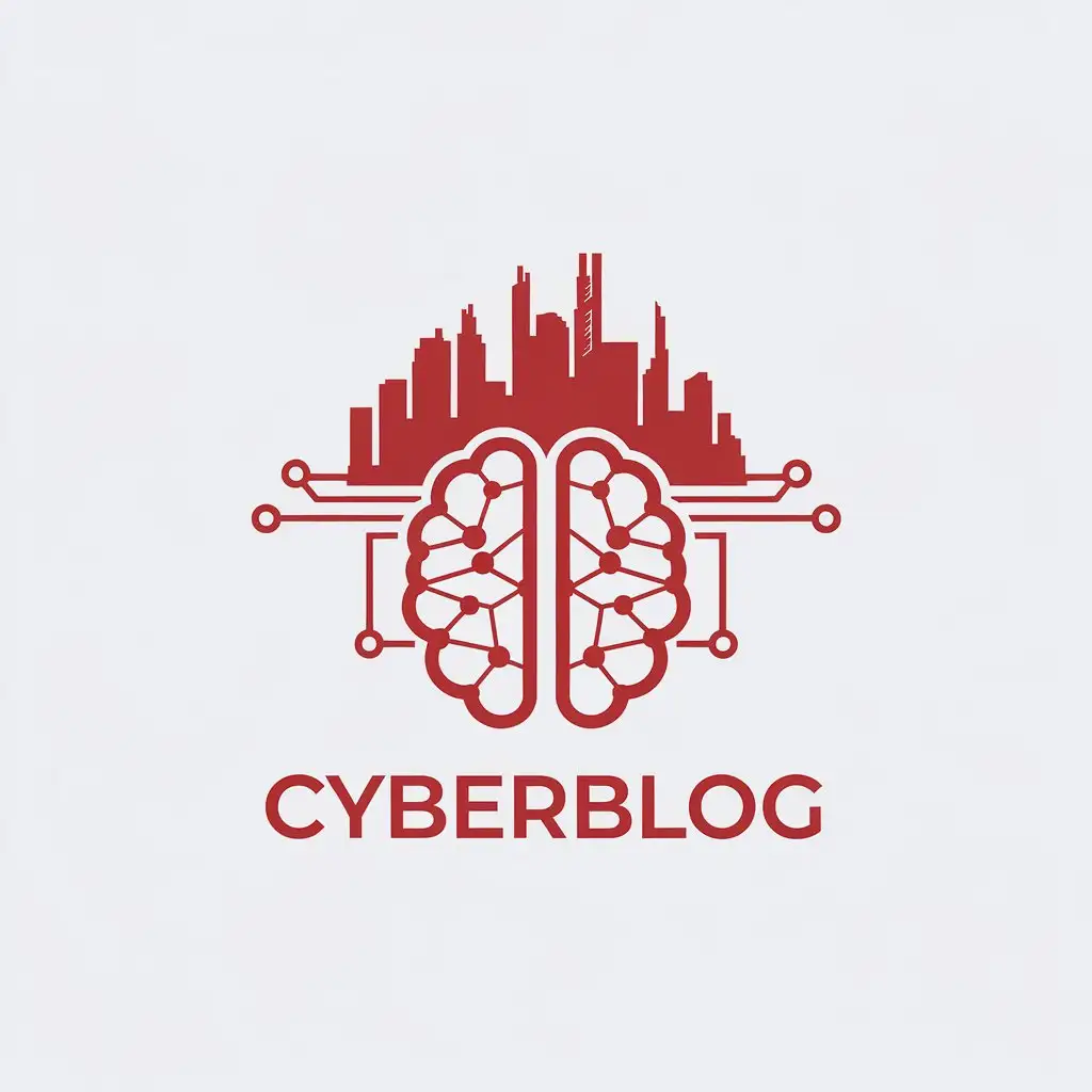 LOGO Design for CyberBlog Minimalistic Red AI Brain Under Cyberpunk Skyline