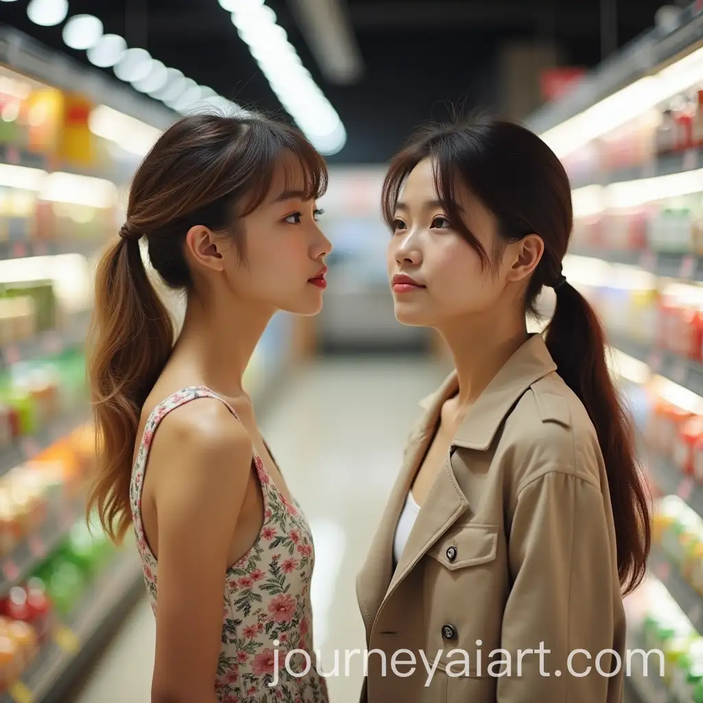 Two-Asian-Girls-Shopping-in-Supermarket-with-Flirting-Expressions
