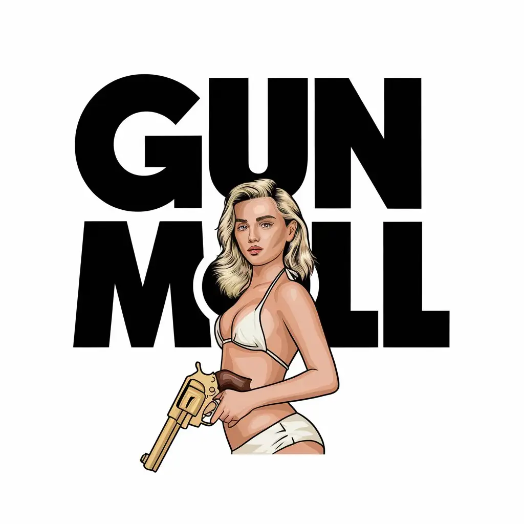 LOGO-Design-for-Gun-Moll-Blonde-Girl-with-Gold-Peacemaker-Revolver-in-White-Bikini-and-Mini-Shorts