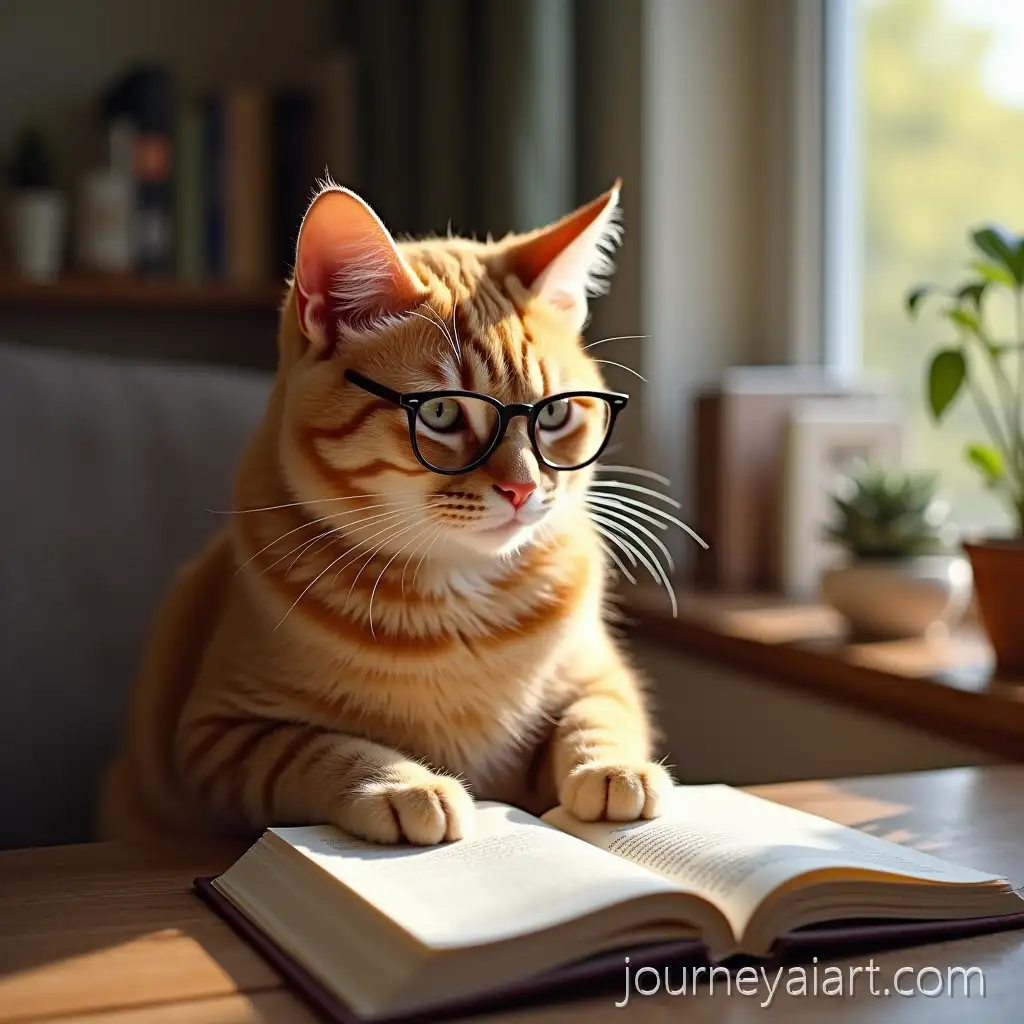 Adorable-Ginger-Cat-Reading-a-Book-in-a-Cozy-StudyGinger-cat-reading-book-with-Window-View