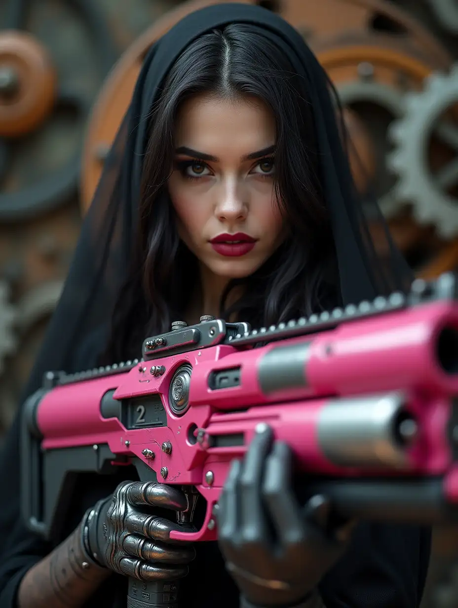 A cinematic of a 24-year-old Model with striking features. She has long, dark hair with a wavy texture and is wearing a sheer black veil. She is wearing bold makeup, with dark eyeliner and mascara, and her lips are painted a glossy red. The woman is gripping a large, futuristic weapon that resembles a hybrid between a gun and a plasma cannon. The weapon is predominantly pink with metallic silver and black accents. The background is a steampunk-inspired environment with gears and metallic structures.