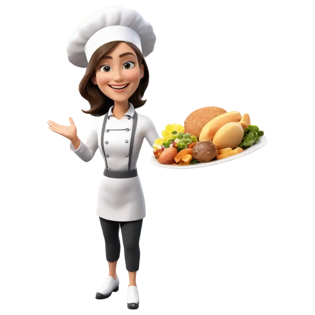 3D-PNG-Image-of-a-Female-Chef-Carrying-a-Plate-of-Food-and-Waving-HighQuality-Image-for-Multiple-Applications