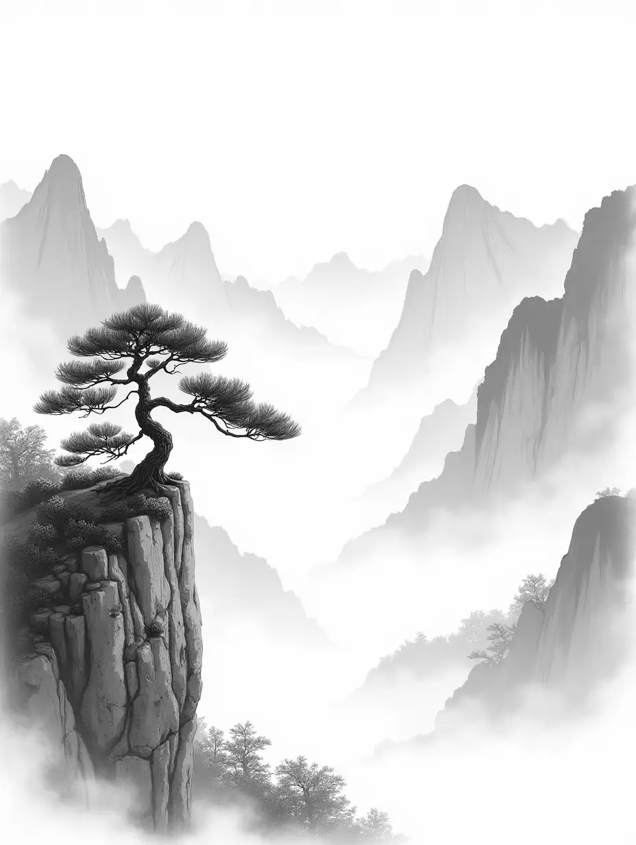 A drawing in the style of a Chinese ink drawing in black and white mountains, a small pine tree on a cliff, a river between mountains