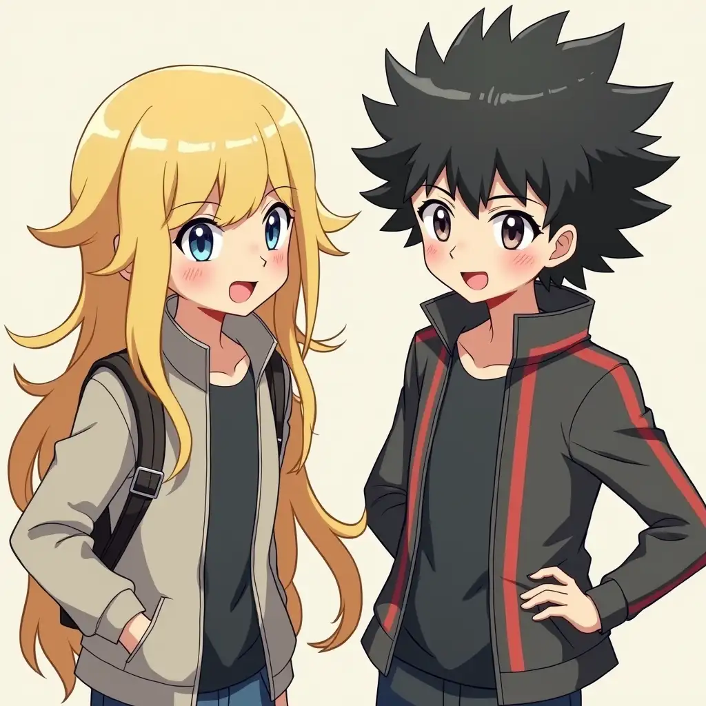 2 Pokemon-Trainers, Trainer 1 blonde long hair, Trainer 2 black curly hair beard