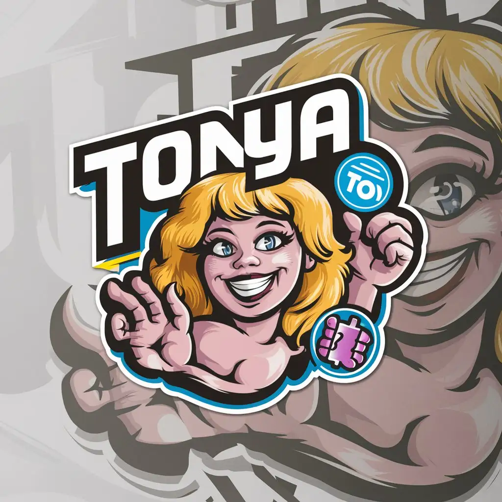 a logo design,with the text "Tonya", main symbol:Sexual girl, blonde, blue eyes, TON blockchain, memecoin,complex,clear background