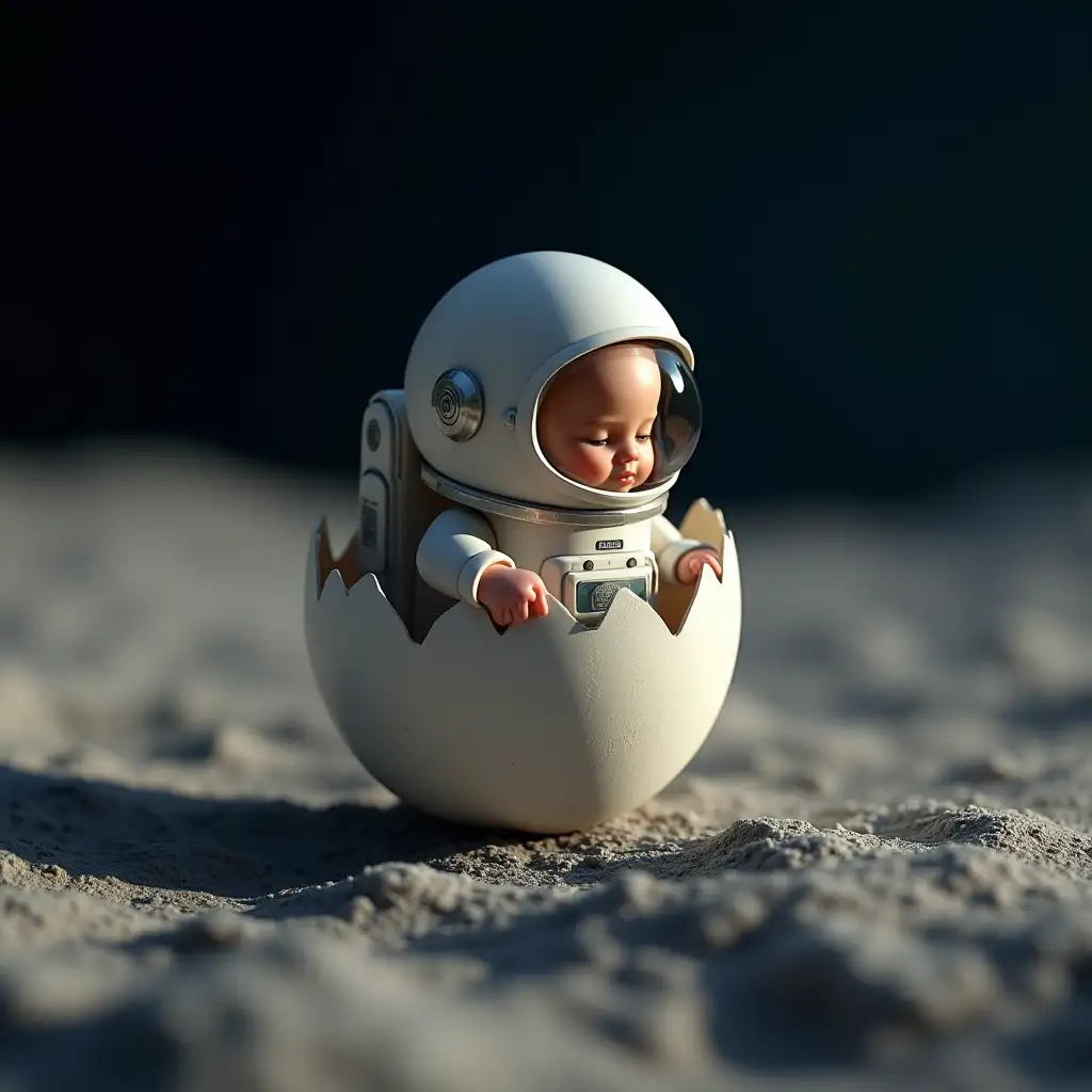 a tiny astronaut hatching from an egg on the moon