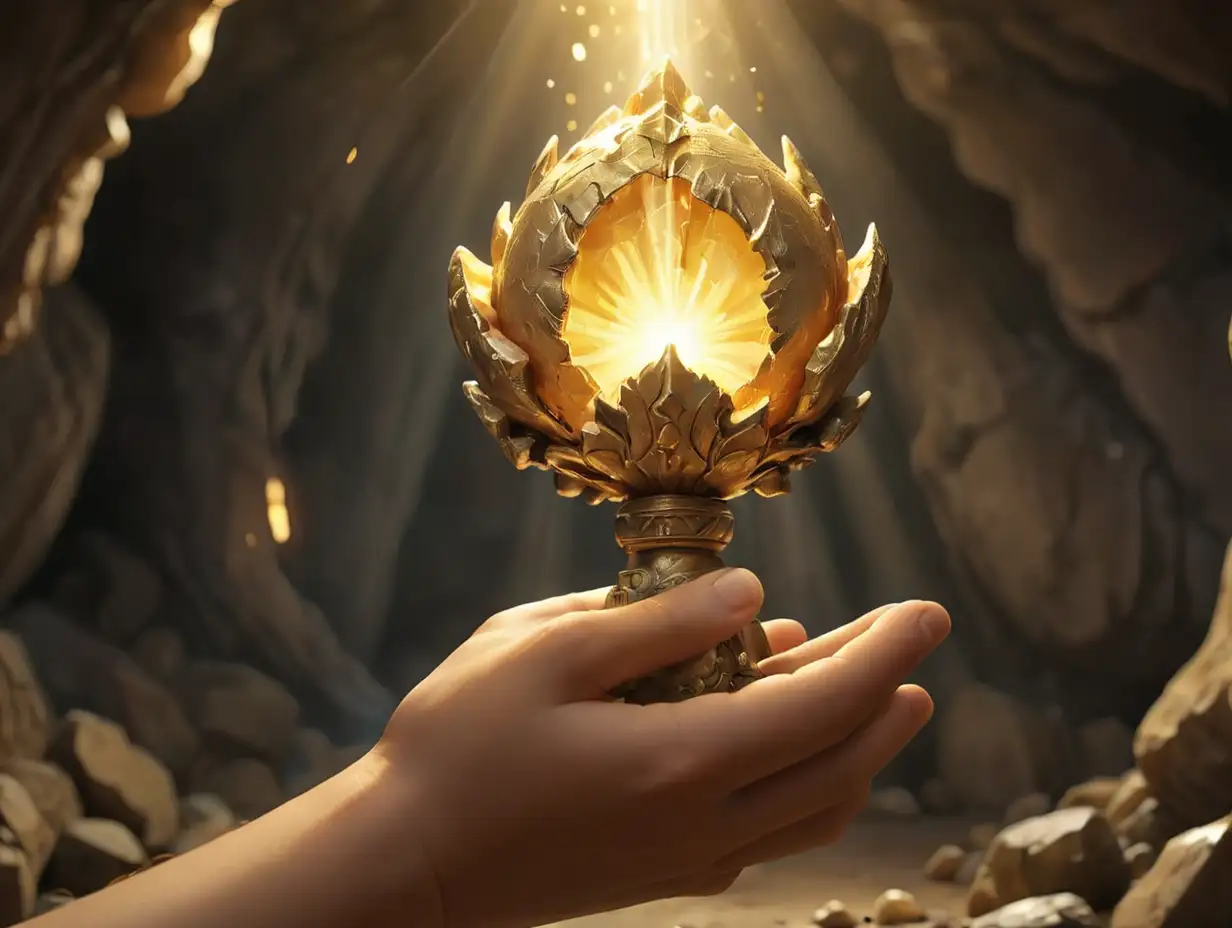 Close-up view of a boy's hand holding a golden artifact that is emitting a radiant light. The scene is set in a cave atmosphere, with the magical object shining brightly', 3d disney inspire