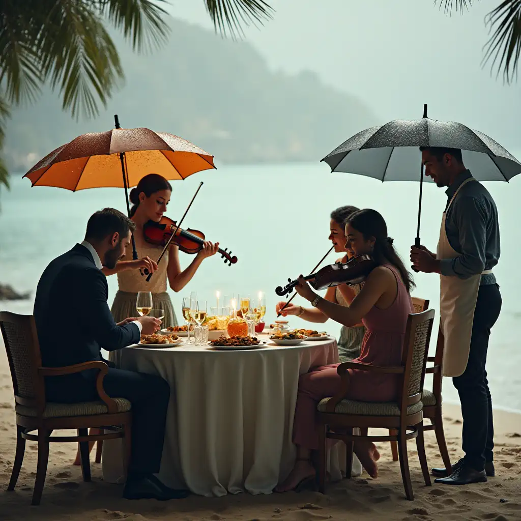 Rainy-Beach-Scene-with-Musicians-Waiters-and-Dining-Table