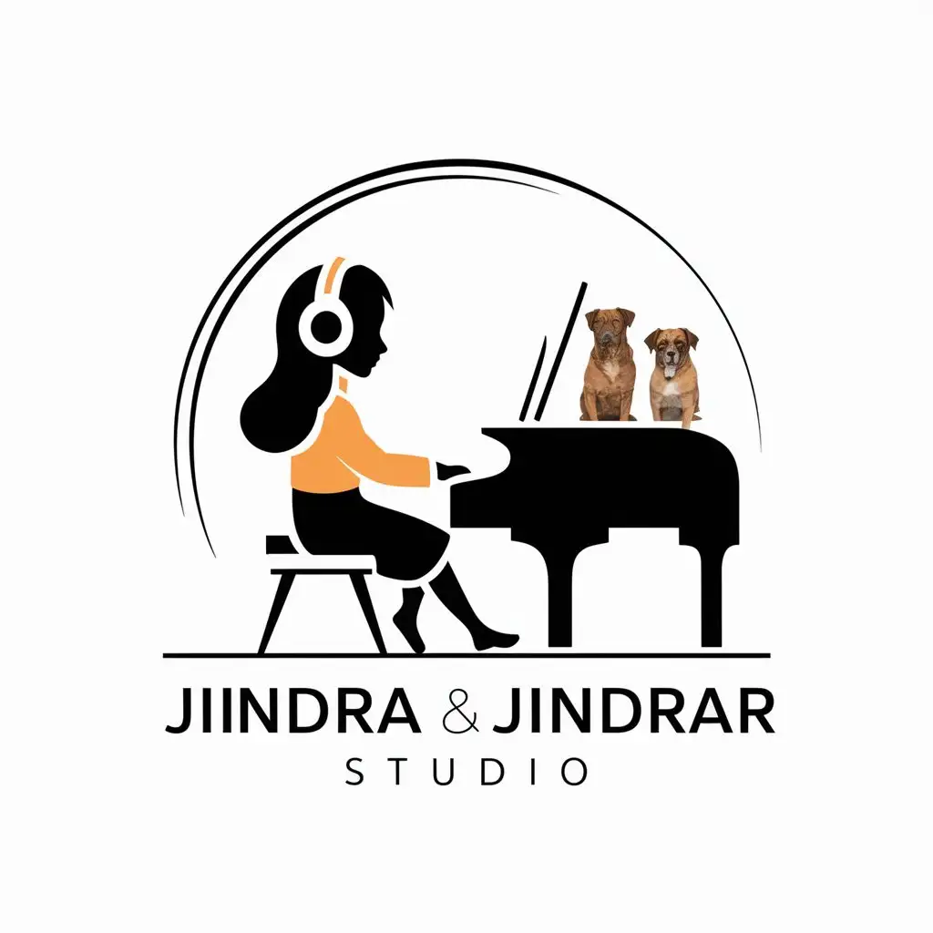 a vector logo design,with the text "Jindra & Jindrar Studio", main symbol:a vector logo design, with the text 'Jindra & Jinderr Studio', main symbol: A girl with headphones on her hair sits at a computer and plays it as if on a piano where a two dogs (Slovenian Kopov breed), Moderate, clear background, complex, clear background,Minimalistic,clear background