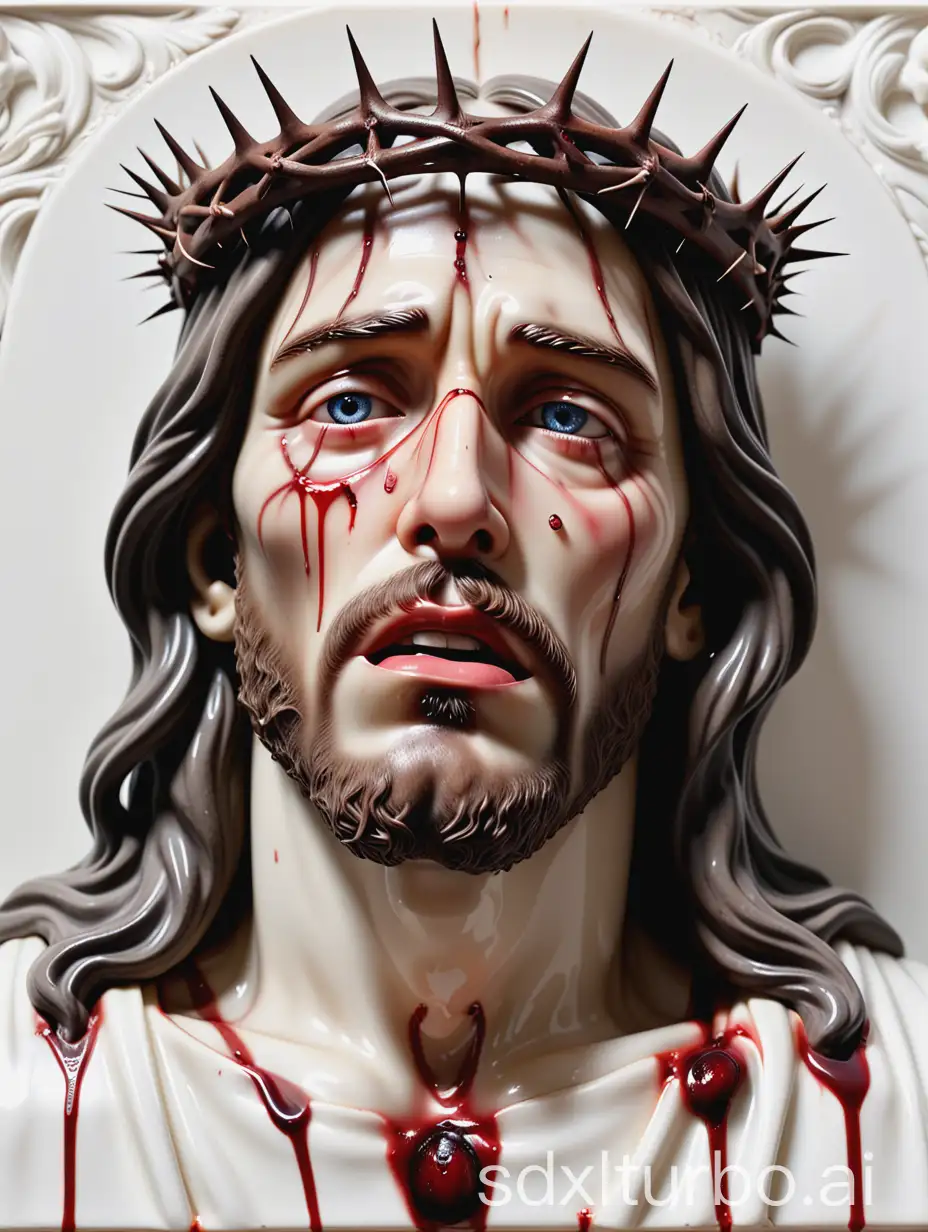 a poster on a white porcelain altarpiece with a hyperrealistic image of Jesus Christ with the crown of thorns, tears and a few drops of blood spilled in his eyes, very detailed ecce homo style