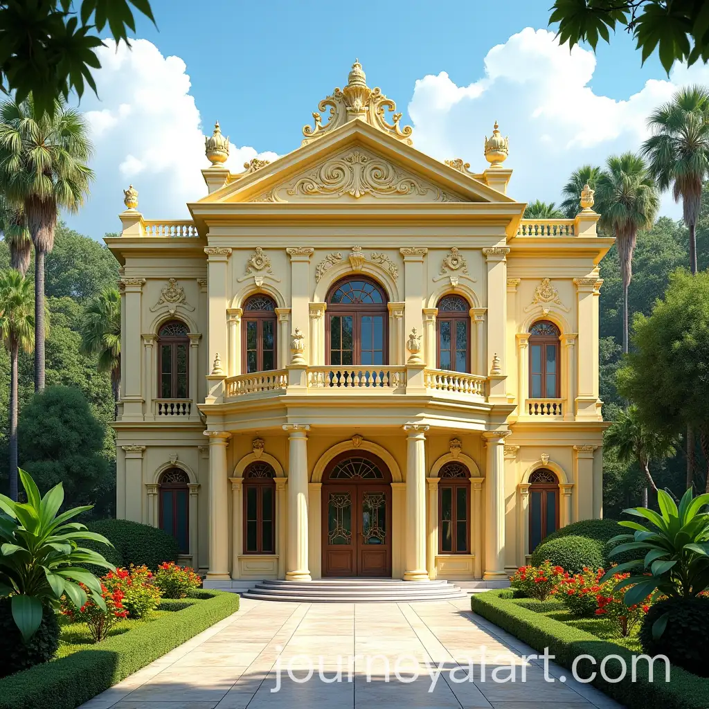 European-Neoclassical-Palace-with-ButterColored-Exterior-and-Flowery-Tropical-Garden