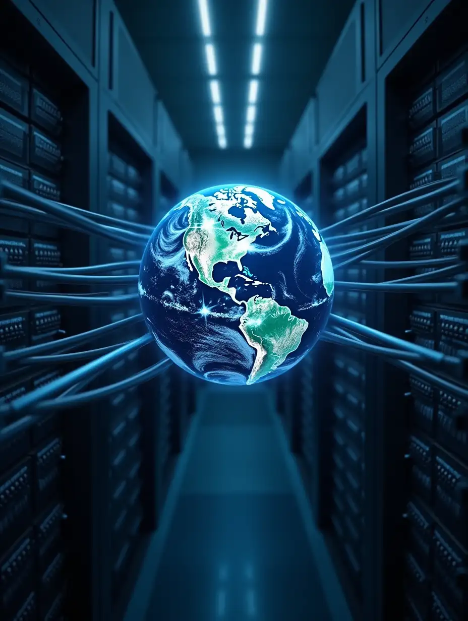 In the center of the photo, there may be an image of a globe, surrounded by cables and servers, highlighting the global nature of data migration.