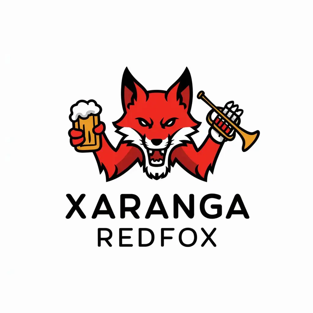 a vector logo design,with the text "Xaranga RedFox", main symbol:A fierce fox with beers in one hand and a trumpet in the other. Just the outline. White background.,Moderate,be used in Musical shows industry,clear background