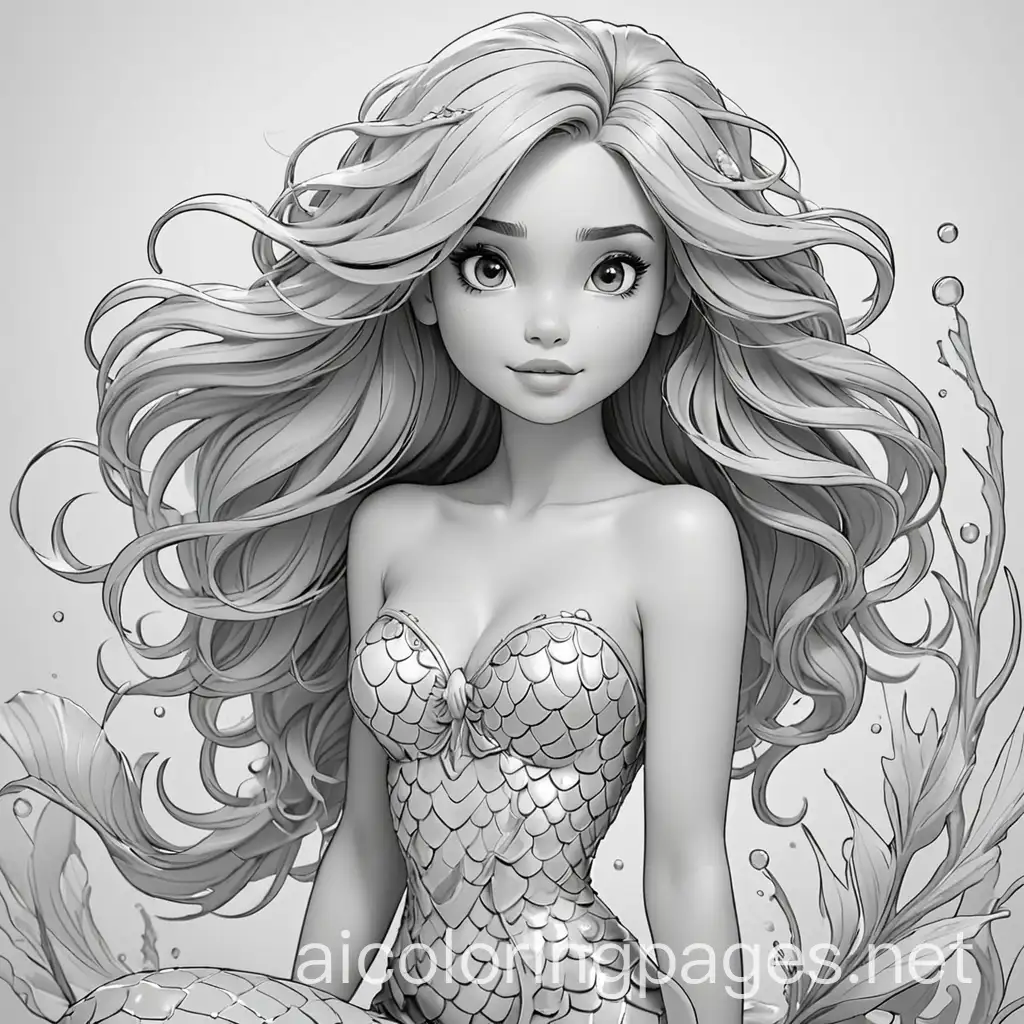 Mermaid adult fantasy, Coloring Page, black and white, line art, white background, Simplicity, Ample White Space. The background of the coloring page is plain white to make it easy for young children to color within the lines. The outlines of all the subjects are easy to distinguish, making it simple for kids to color without too much difficulty