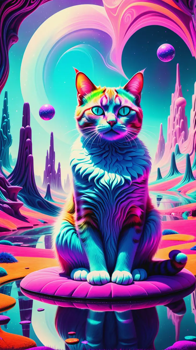 Vibrant Psychotic Cat Meditating in a Colorful Surreal Fairyland Setting