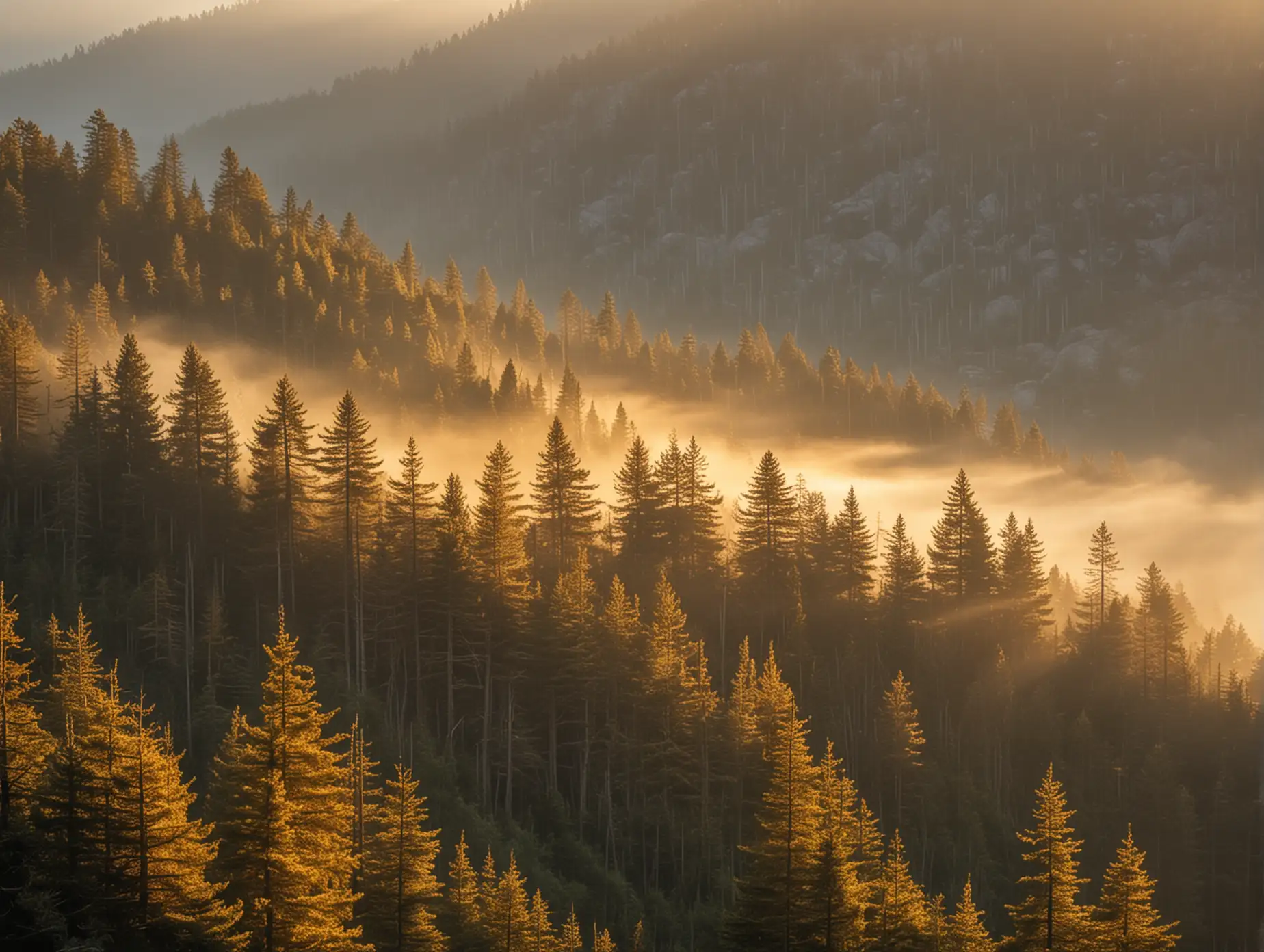 Misty-Mountains-at-Dawn-with-Golden-Light-through-Pine-Trees