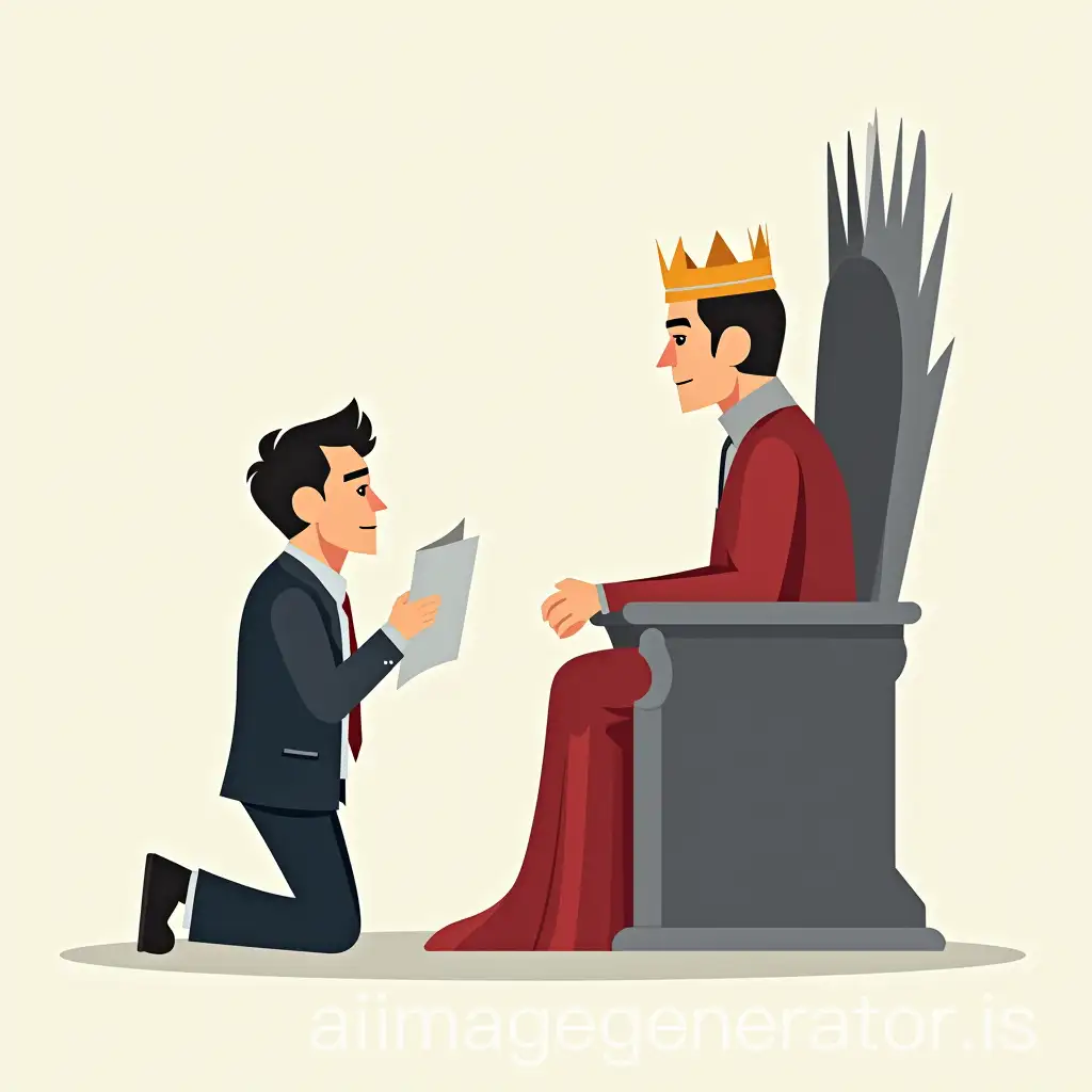 Office-Man-Kneeling-Before-King-on-Iron-Throne-in-Minimalist-Icon-Style