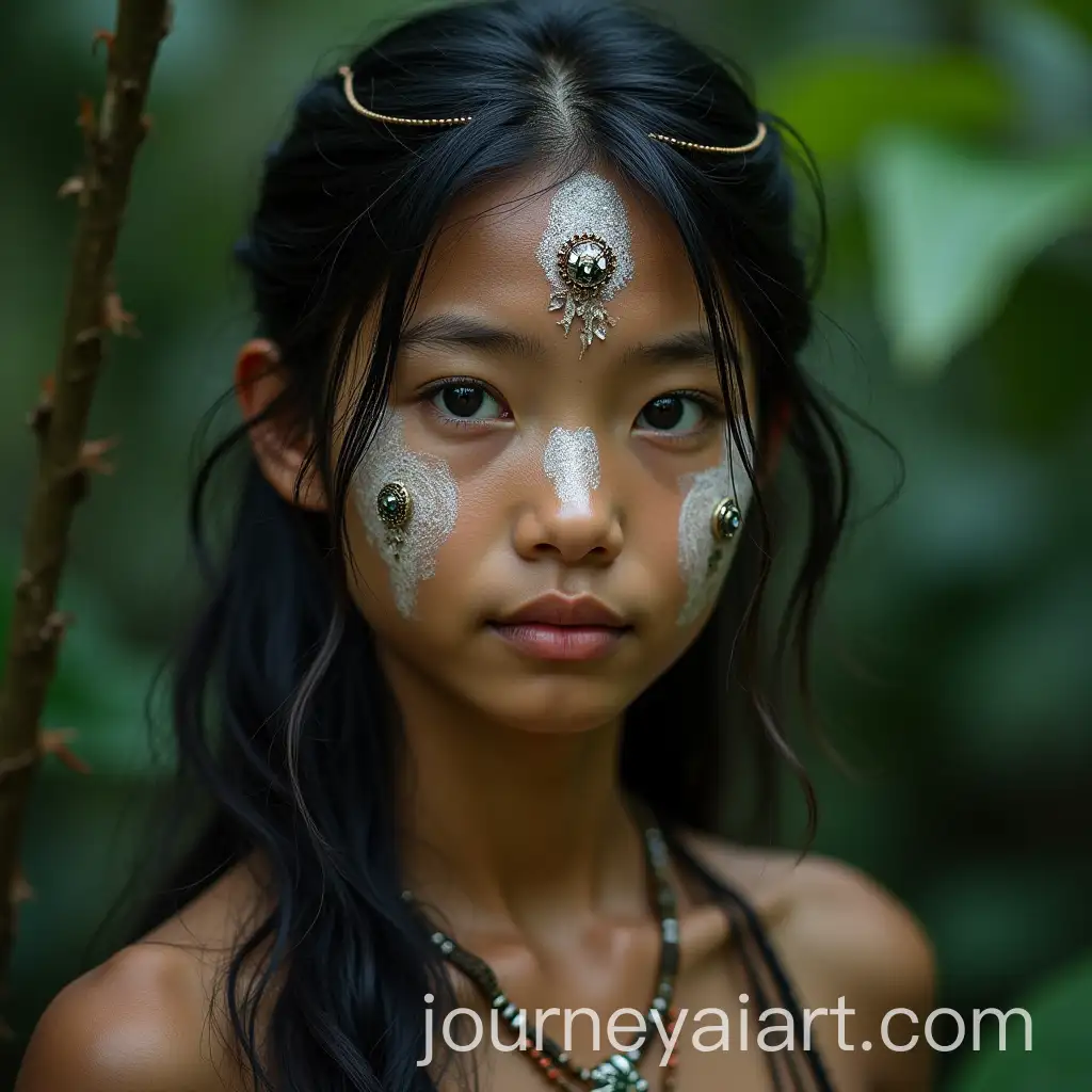 Portrait-of-a-Young-Asian-Tribe-Girl-in-Traditional-Jungle-Attire-with-Exquisite-Face-Paint