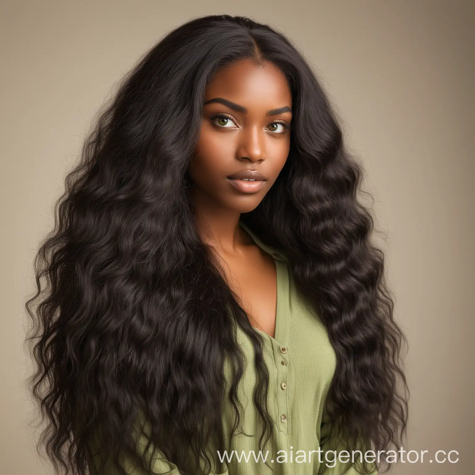 Full body picture of a beautiful black woman with long hair and green eyes