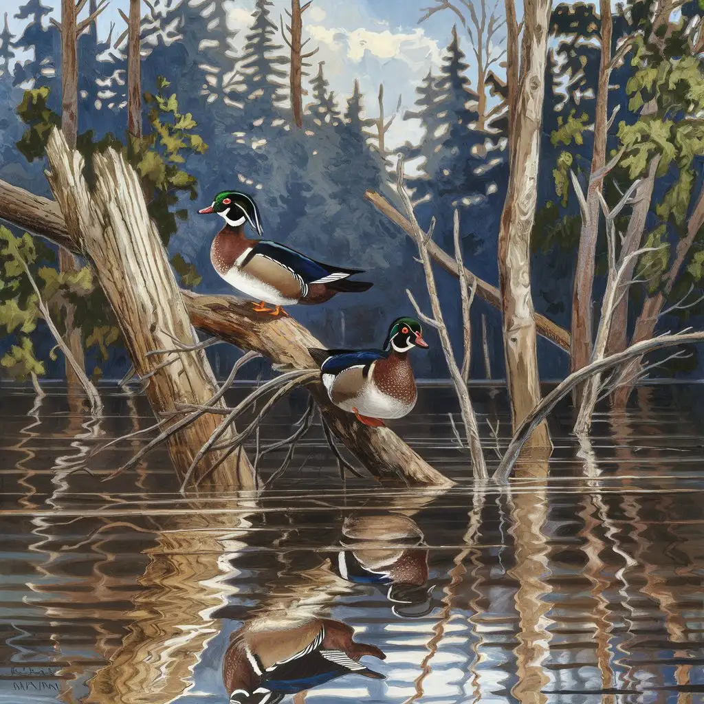 a terry redlin style sketch of two wood ducks roosting in the trees in the flooded waters of the deep thick dark forest