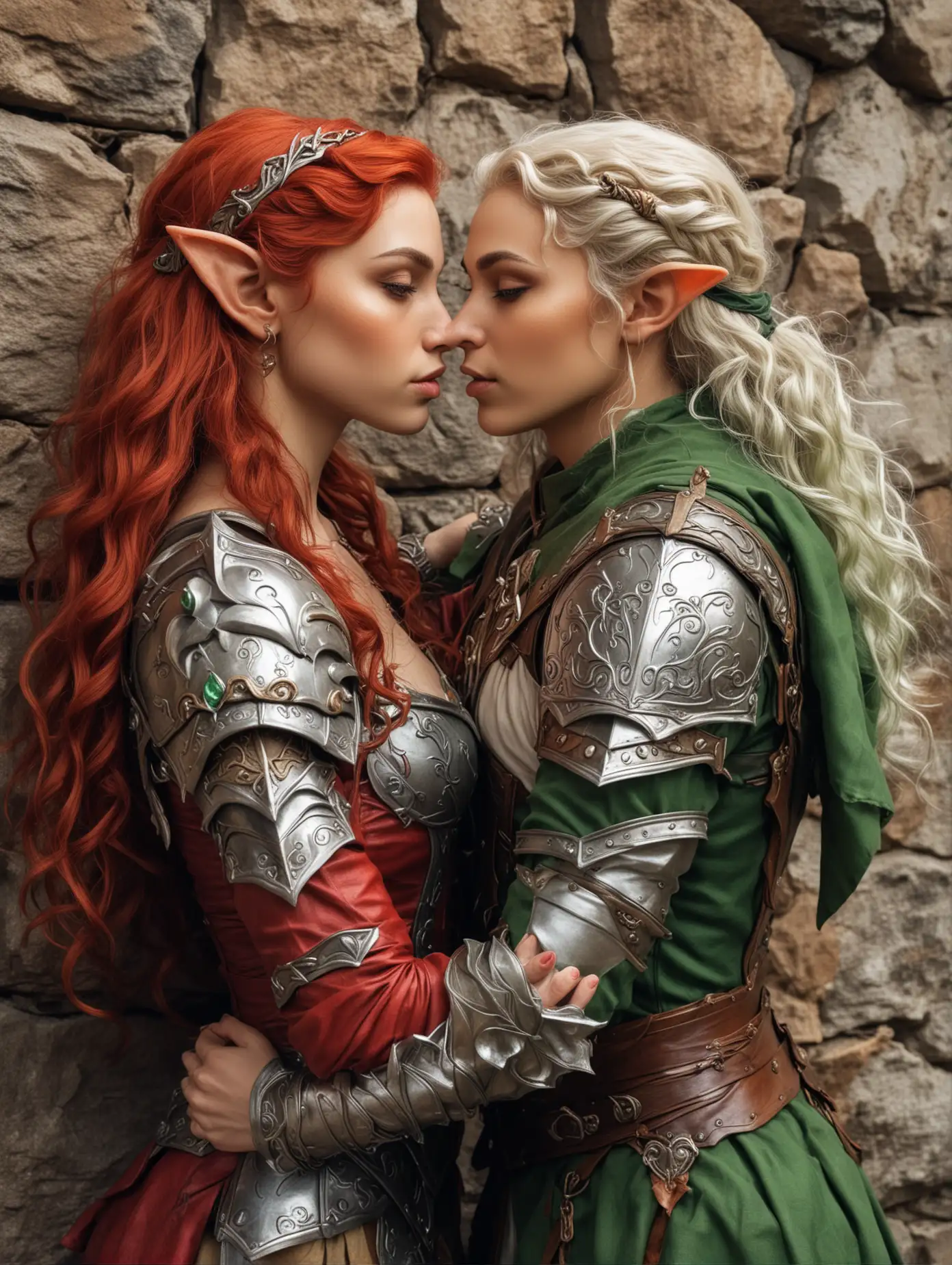 Fantasy Elf Lovers Kiss Against Wall in Romantic Embrace