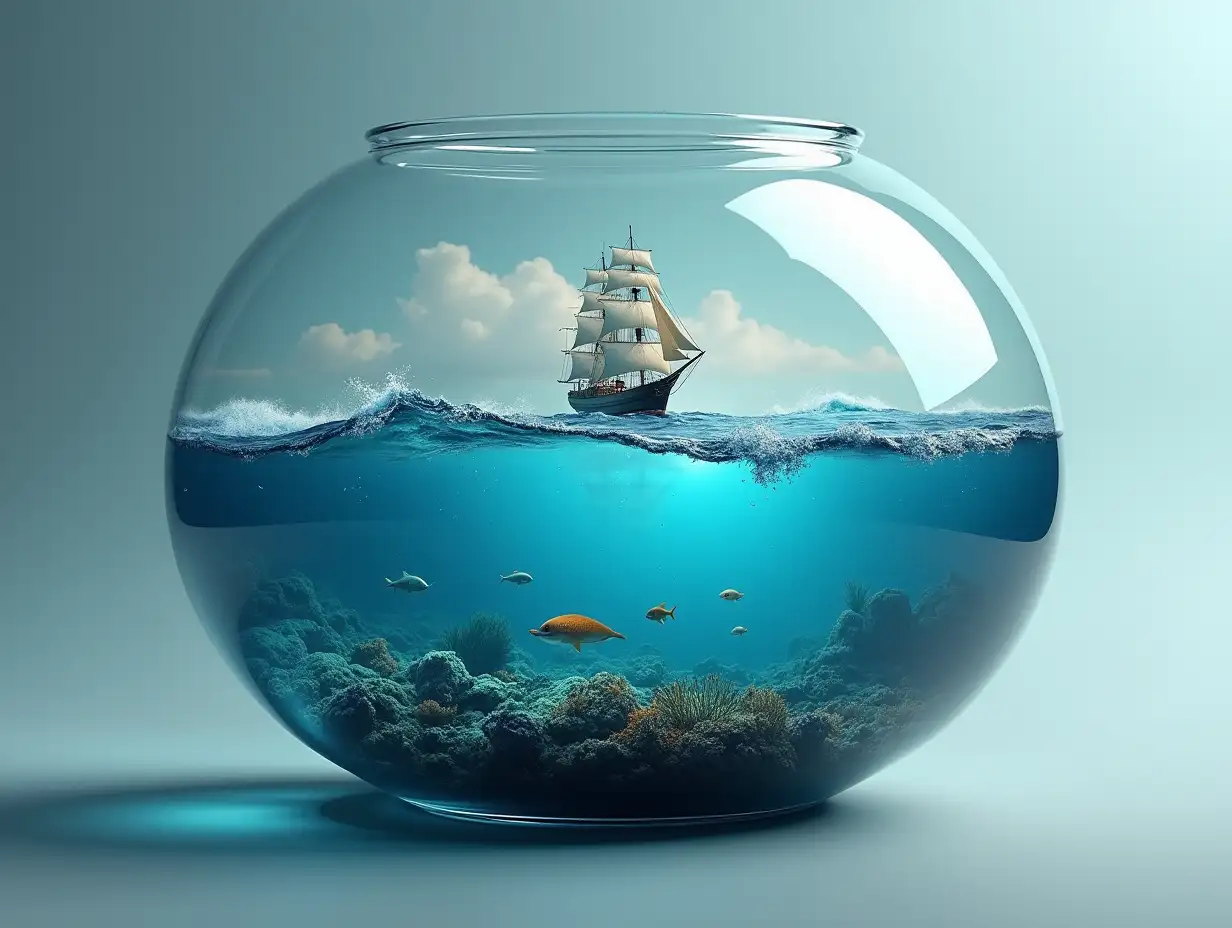 Create an oval glass container with an ocean with big waves, fish under water, a large sailing ship and a 4K flash resolution