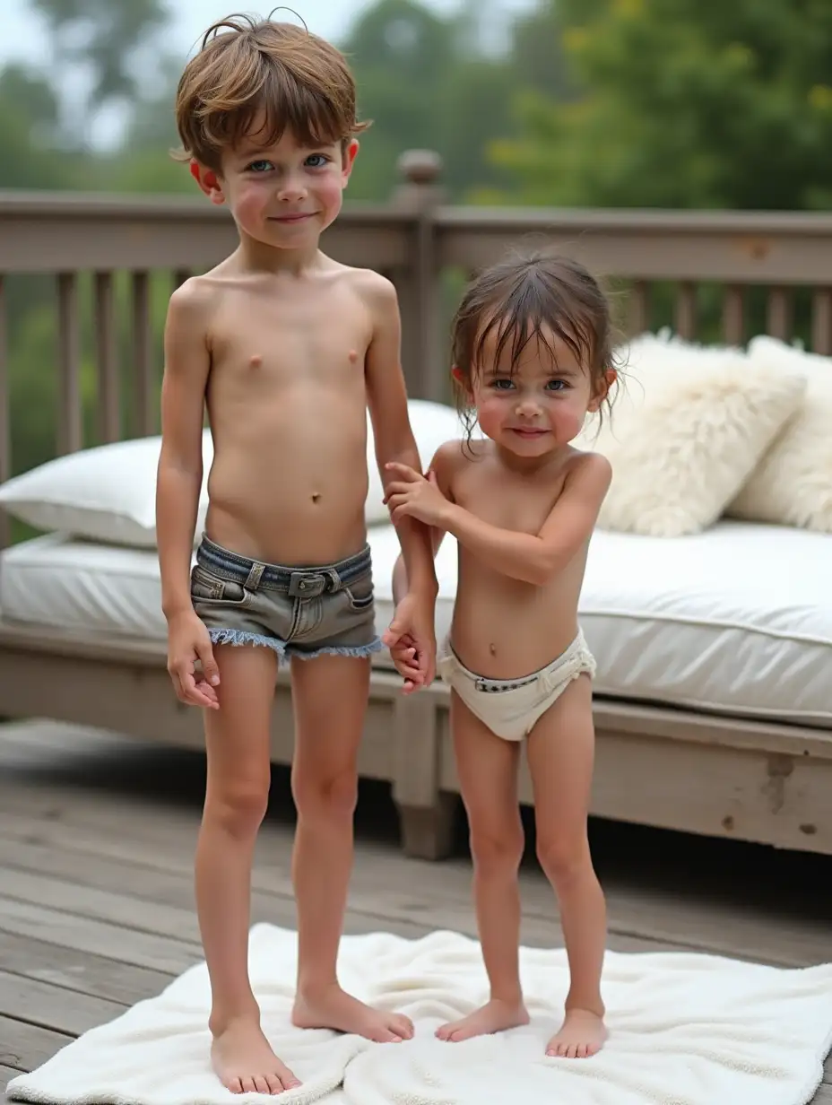 Tall athletic boy, light brown hair, blue eyes, no shirt, and his very skinny younger sister, brown eyes, short tangled wet brown hair, pale shiny skin, no shirt, long slender legs, bare feet. They are standing on a towel on a wood deck. She is holding his hand and crying. A lounge chair with fluffy pillows in the background.